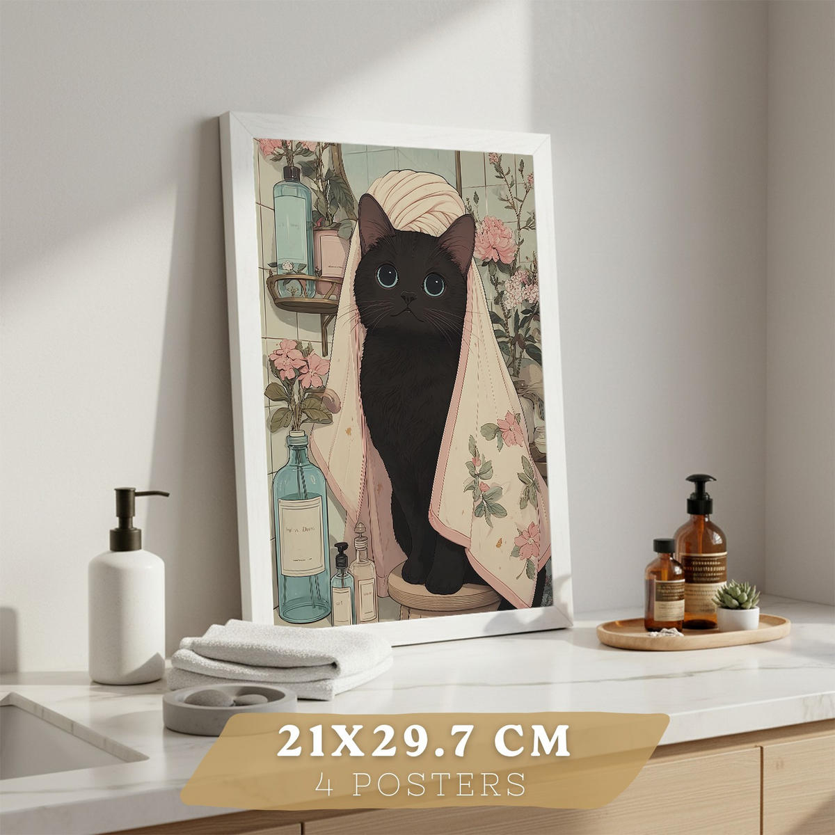 PLAKÁT Sada 4 dekorativních tisků, černá kočka v koupelně Bezrámové A4 - čirá, papír (29.7/21/3cm) - Nacnic