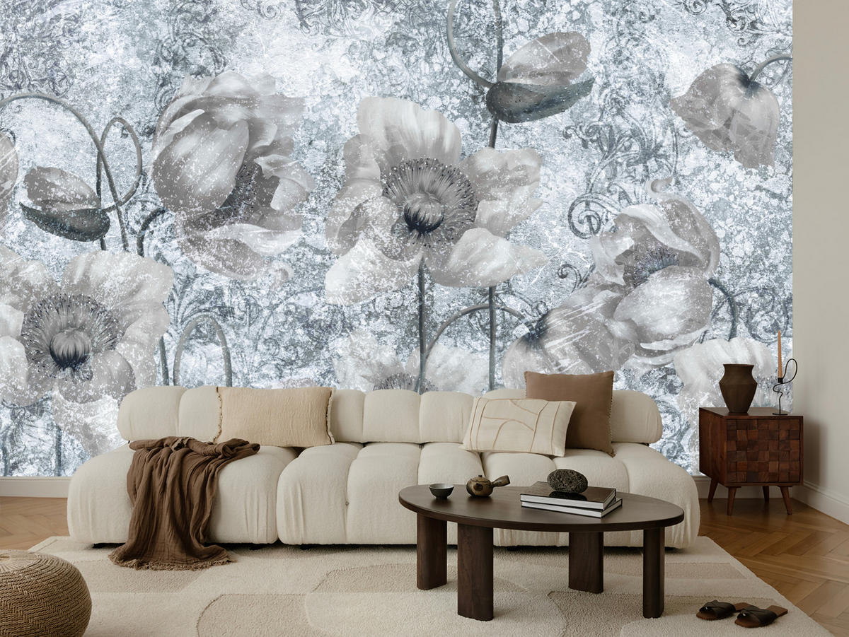 FOTOTAPETE für Wohnzimmer Grau Mohnblumen Beton Blumen Blätter 100x70 - Grau, Papier (100/70cm) - Muralo