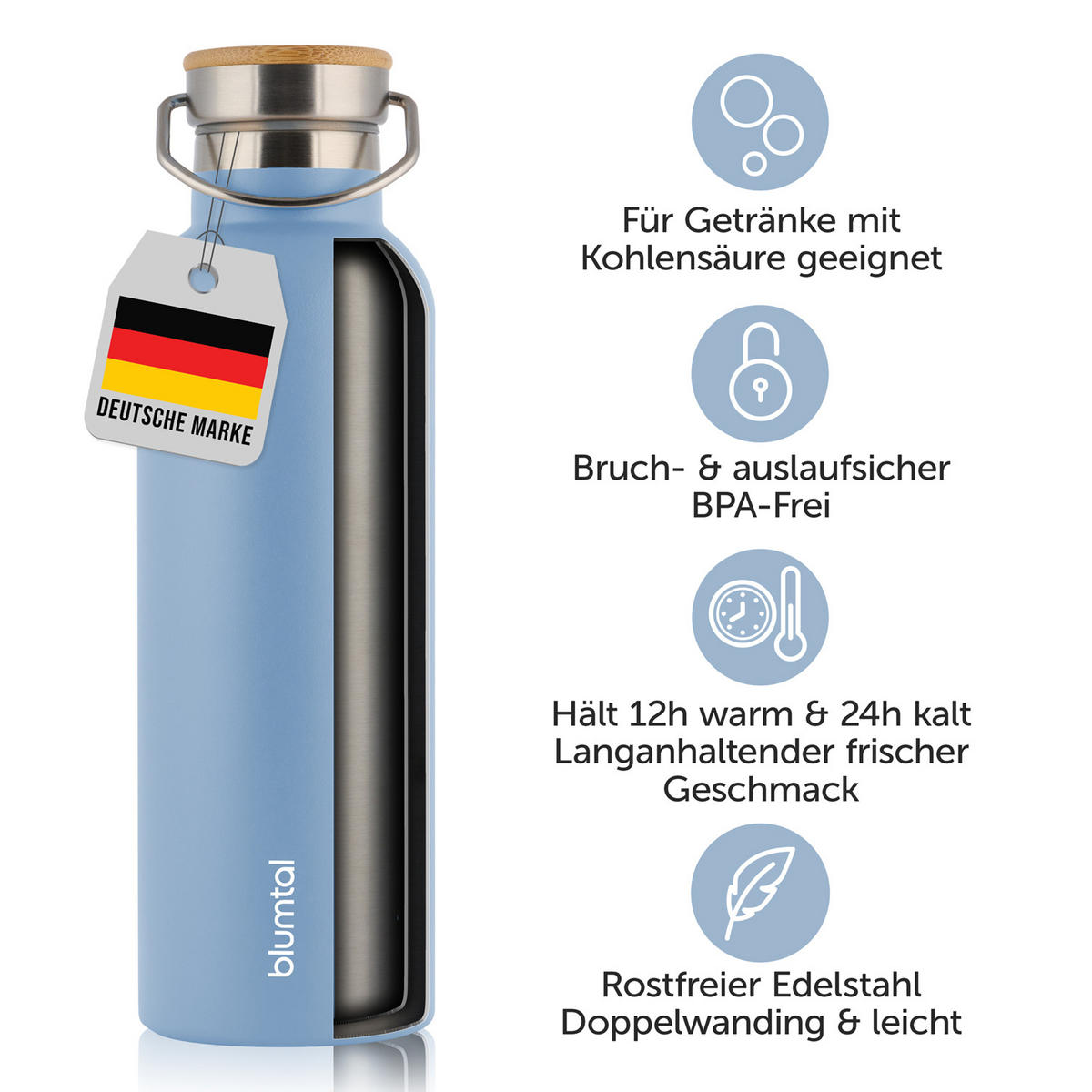 TRINKFLASCHE Leni 500 ml, inkl. Teesieb und Sportdeckel - Blaugrau, Metall (0.5L) - Blumtal