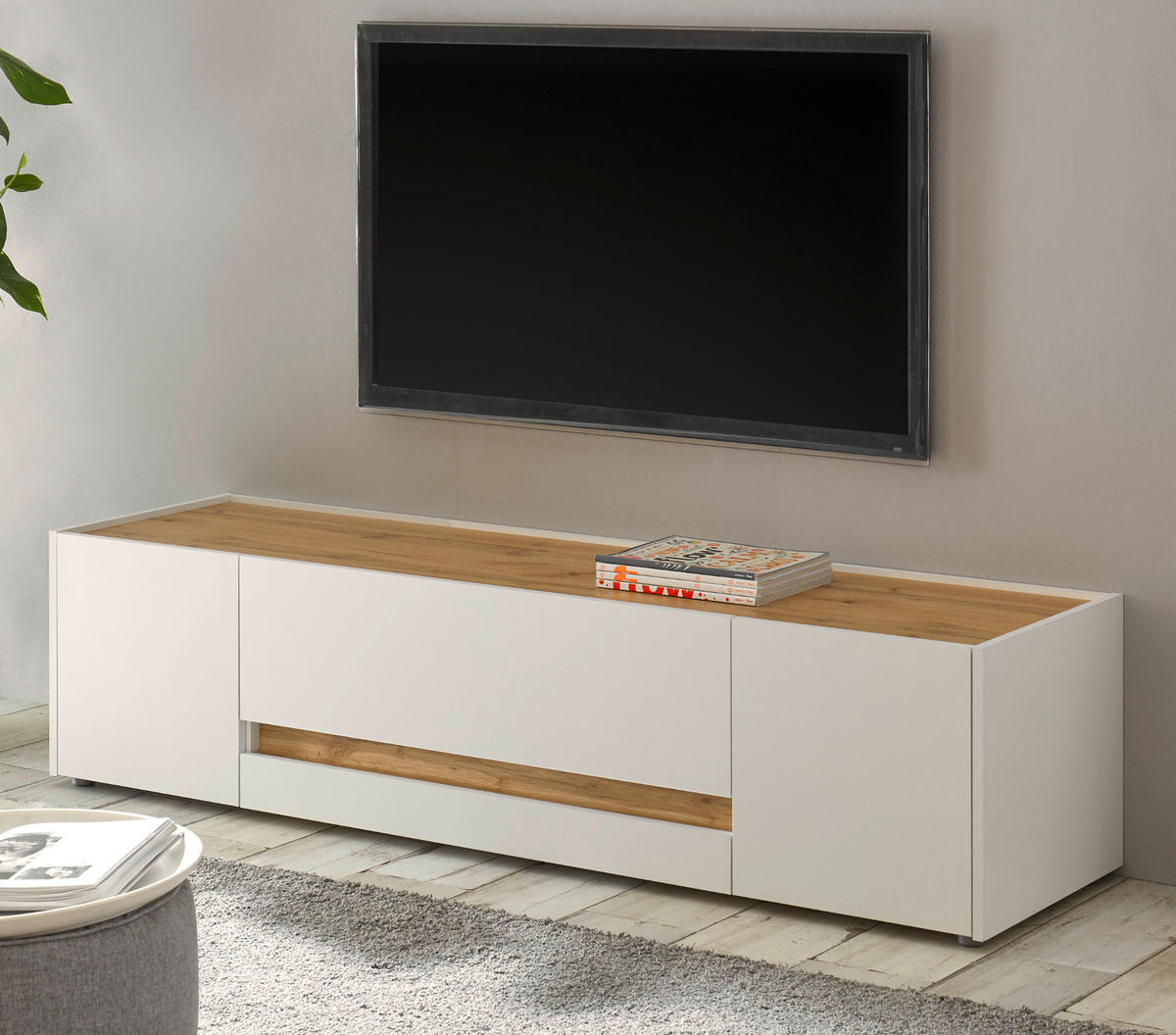 TV-LOWBOARD weiß, Eiche Wotan 170 cm, TV-Unterteil mit Doppelschubkasten - Eiche Wotan/Schwarz, Holz/Holzwerkstoff (170/40/45cm) - Furn.Design