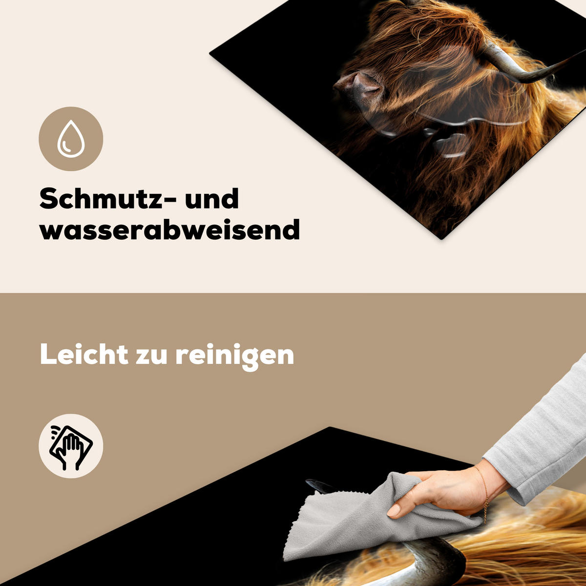 HERDABDECKPLATTE Schottischer Highlander - Hörner - Schwarz - Tiere - Natur - Wild - Kuh 60x52 cm - Cognac, Kunststoff (60/0.2/52cm) - MuchoWow