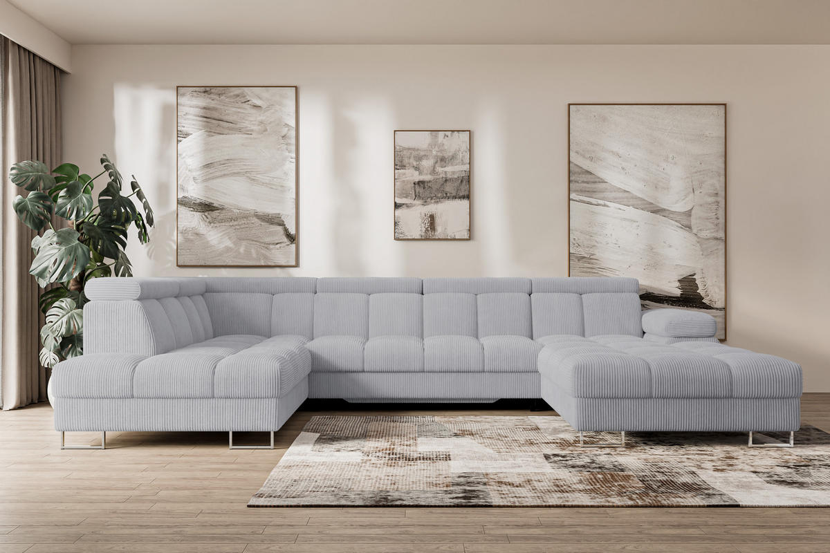 WOHNLANDSCHAFT mit Schlaffunktion und Bettkasten Ottomane Links COMA U 345x203x79 Grau Cord - Anthrazit, Holzwerkstoff/Textil (345/79/203cm) - ALTDECOR