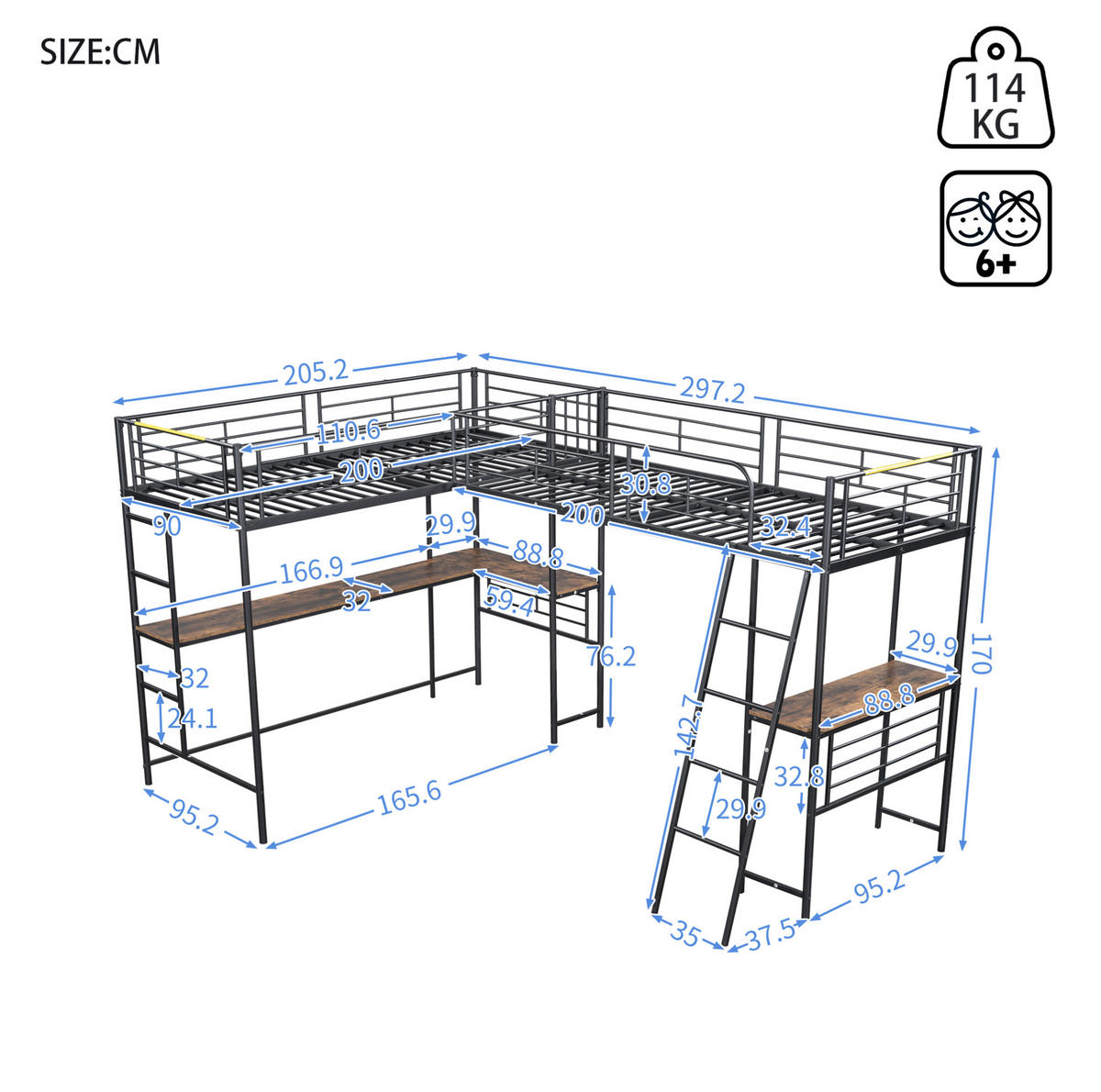 HOCHBETT 90/200 cm mit Schreibtisch und Doppeltreppe in Schwarz - Schwarz, Metall (90/200cm) - Flora Grace