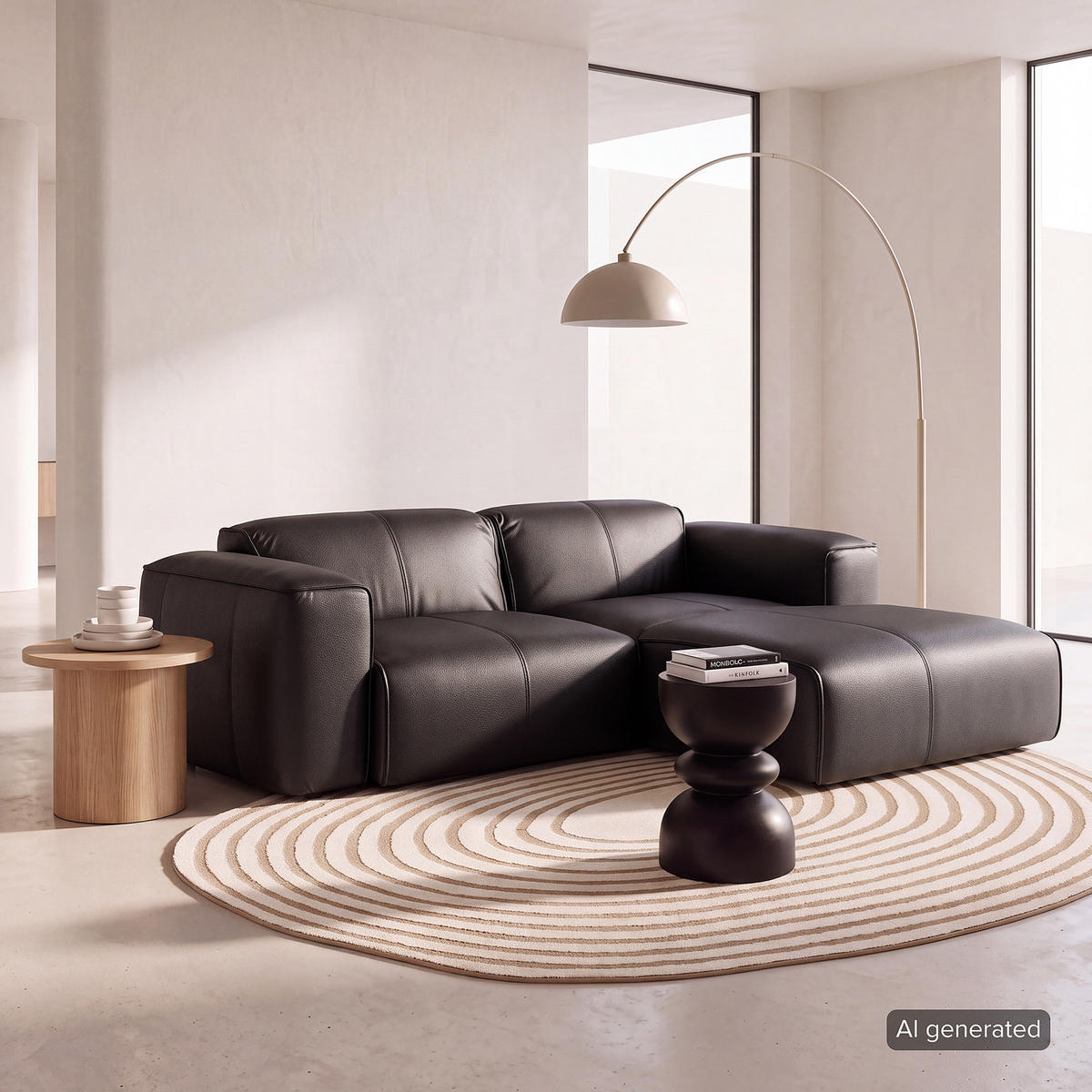 ECKSOFA mit XL-Longchair - Schwarz, Leder/Kunststoff (260/171cm) - home24