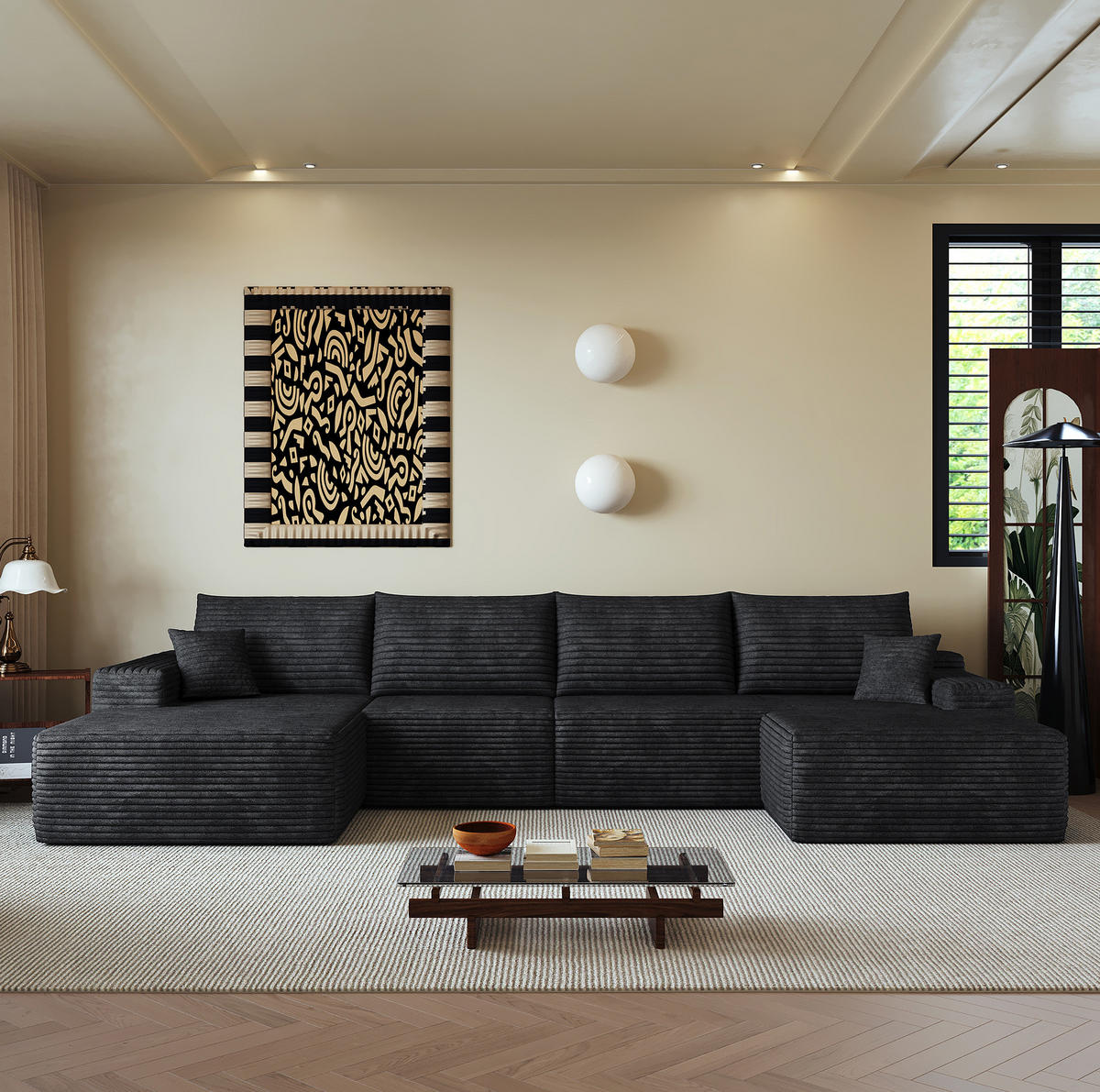 SOFA Ecksofa mit Chaiselongue 340 cm Cordstoff Schwarz - Schwarz, Kunststoff (175/83/270cm) - Meubliv