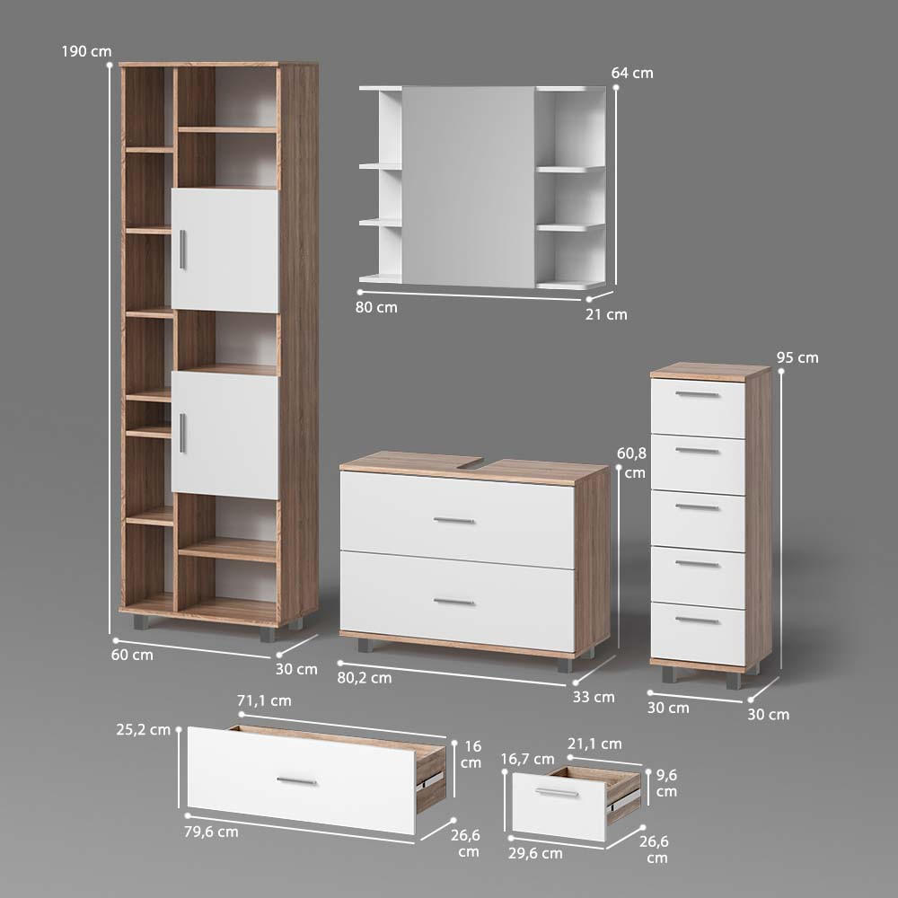 Thumbnail - Livinity® Badmöbel-Set, Weiß, Sonoma Eiche, Holzwerkstoff, 20 Fächer, 7 Schubladen, Rechteckig, 80x60x33 cm, Badezimmer,...