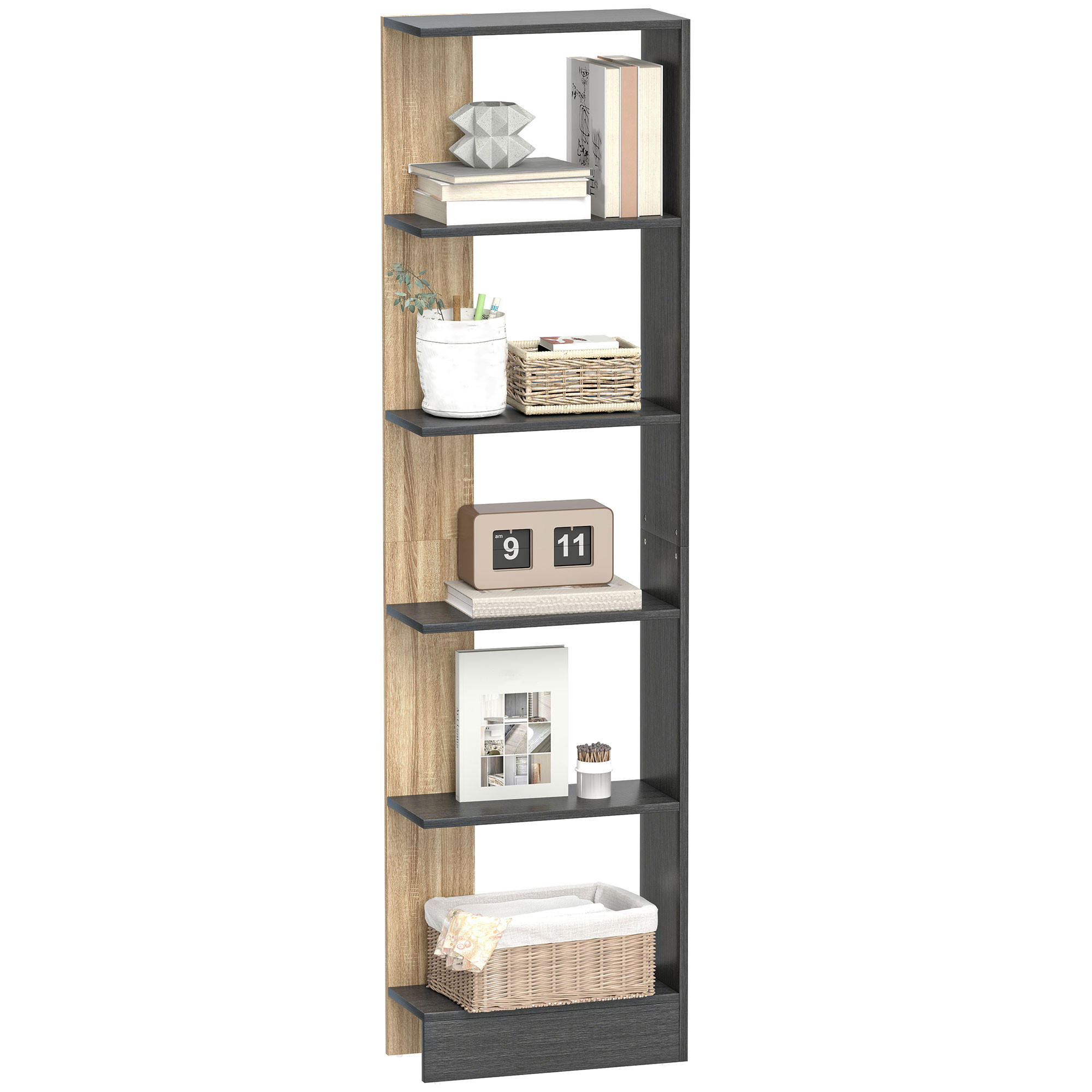 REGAL DE-15565 45/21/170 cm, 5 offene Fächer Schwarz/Eiche - Schwarz, Holzwerkstoff (21/170/45cm) - ComfortXL