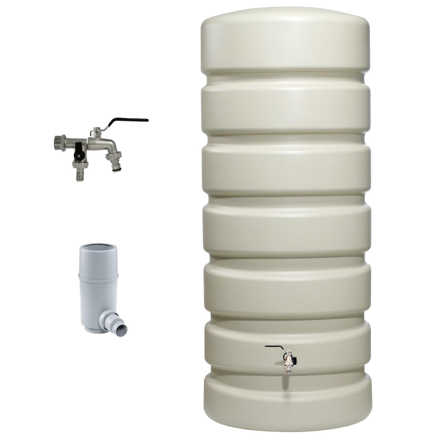 REGENTONNE Wandtank Komplett-Set 650 L, sandbeige inkl. Chrom-Doppelauslaufhahn und Fallrohranschluss - Beige, Kunststoff (80/192/60cm) - 4rain