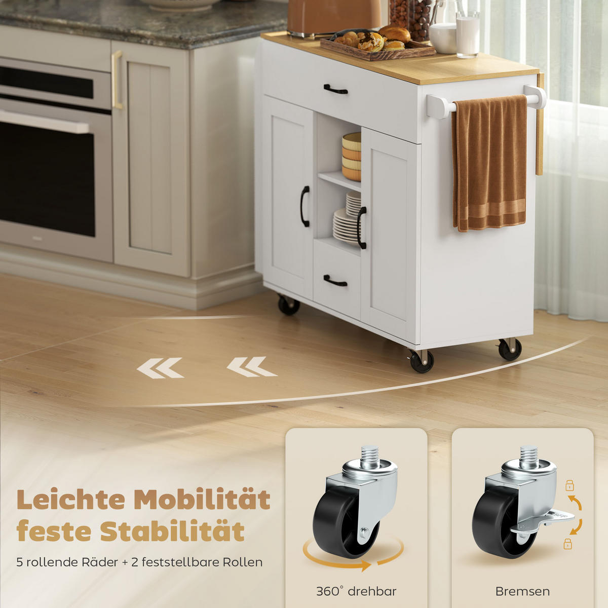 KÜCHENINSEL Küchenwagen auf Rollen mit 2 Schubladen, 2 Soft-Close-Türe Weiß - Schwarz/Weiß, Holzwerkstoff/Metall (70/89/115cm) - HOMCOM