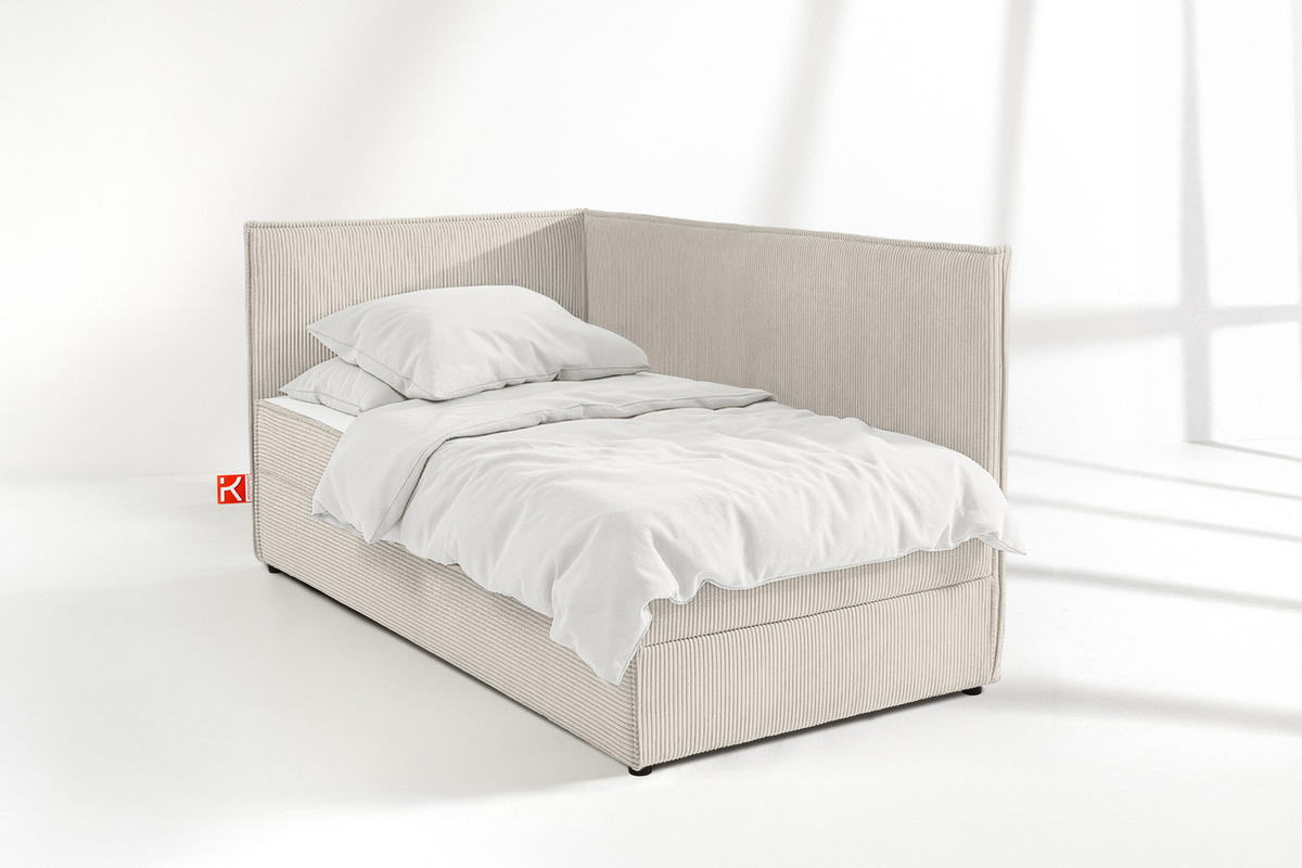 JUGENDBETT ROTI Einzelbett mit Bettkasten, 90x200cm, Bett mit Bonellmatratze, mit Rückenlehne - Creme/Schwarz, Holz/Holzwerkstoff (92/200cm) - KONSIMO®