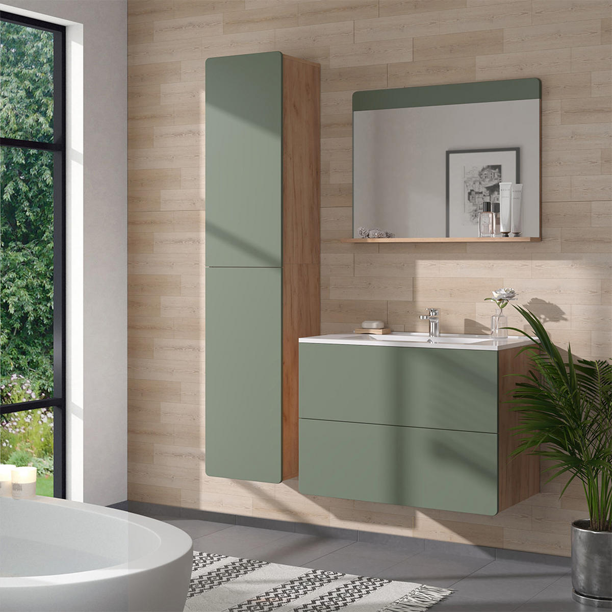 SADA KOUPELNOVÉHO NÁBYTKU Izan Dub Goldkraft/zelená - zelená barva/barva dubu, kompozitní dřevo (80/59.3/46cm) - Vicco