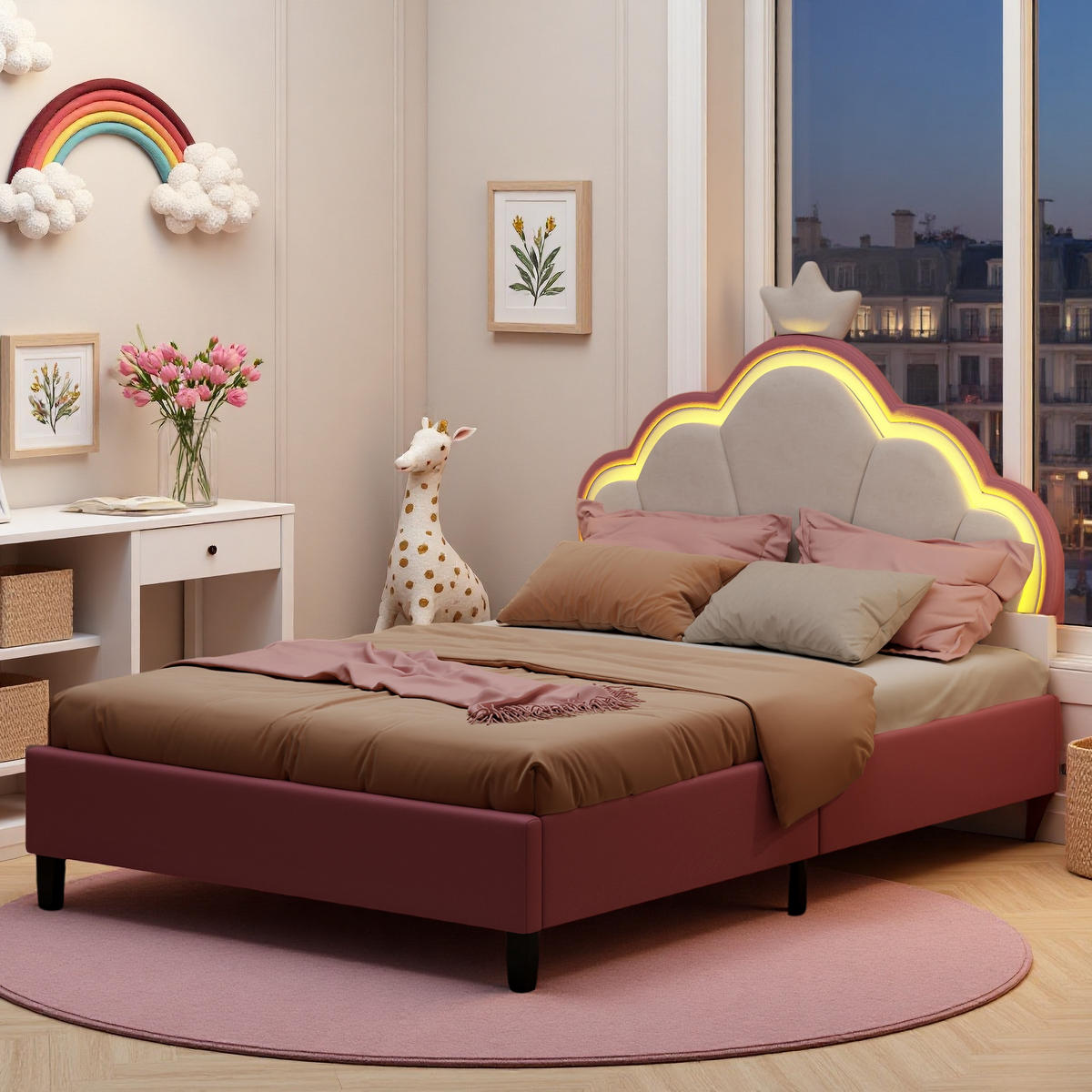 POLSTERBETT 140x200 cm Pink Weiß LED Krone Verstellbar - Pink, Holz (140/200cm) - SHOPENTRA
