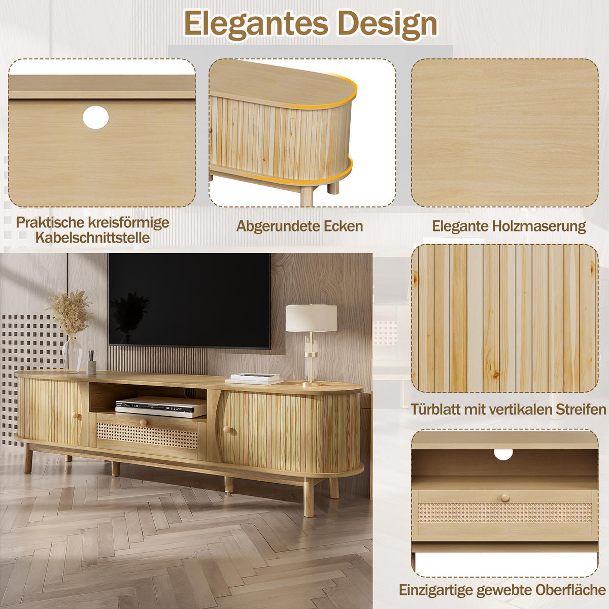 TV-SCHRANK 165 cm Natur MDF mit Rattan-Schublade, Schiebetüren & Stauraum - Naturfarben, Holzwerkstoff (165/46/37cm) - Urban Meuble