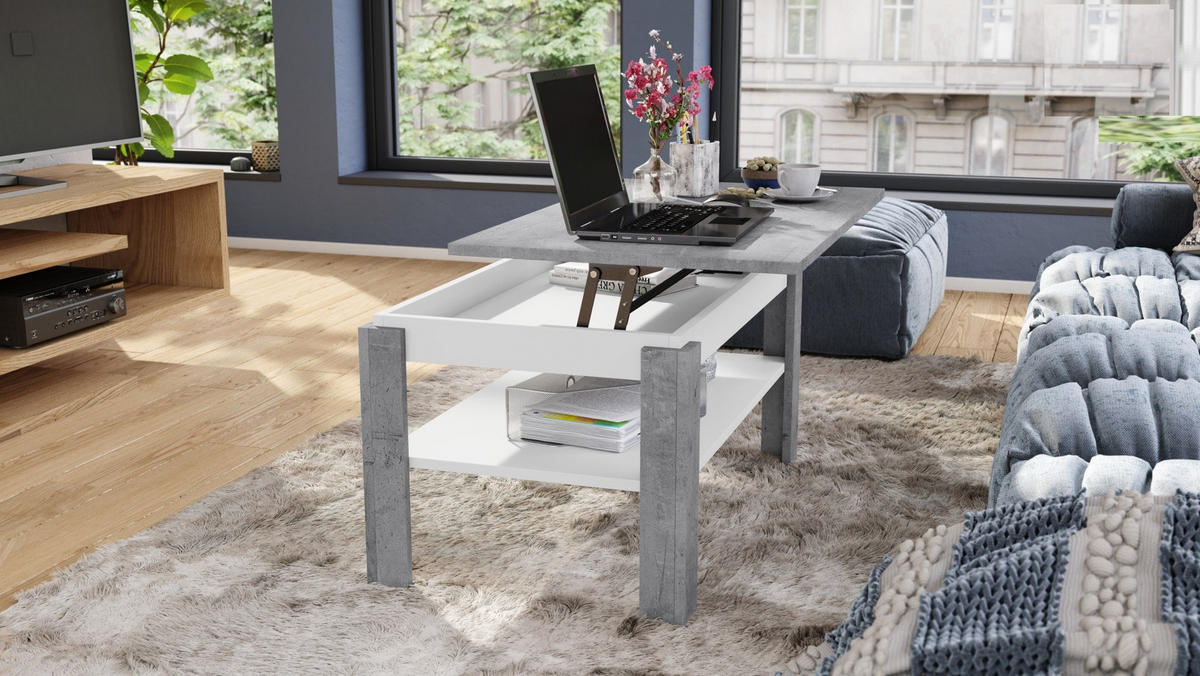 COUCHTISCH rechteckig Beton Weiß höhenverstellbar 100/60/55 cm - Hellgrau/Weiß, Holzwerkstoff (60/100/55cm) - designimpex