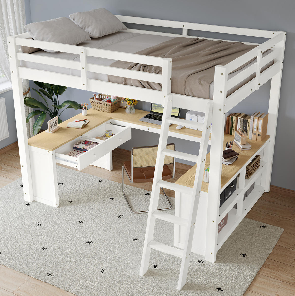 HOCHBETT 140/200 cm, Weiß/Natur mit U-förmigem Langtisch und 2 Schubladen - Weiß, Holz (140/200cm) - MIVRAY