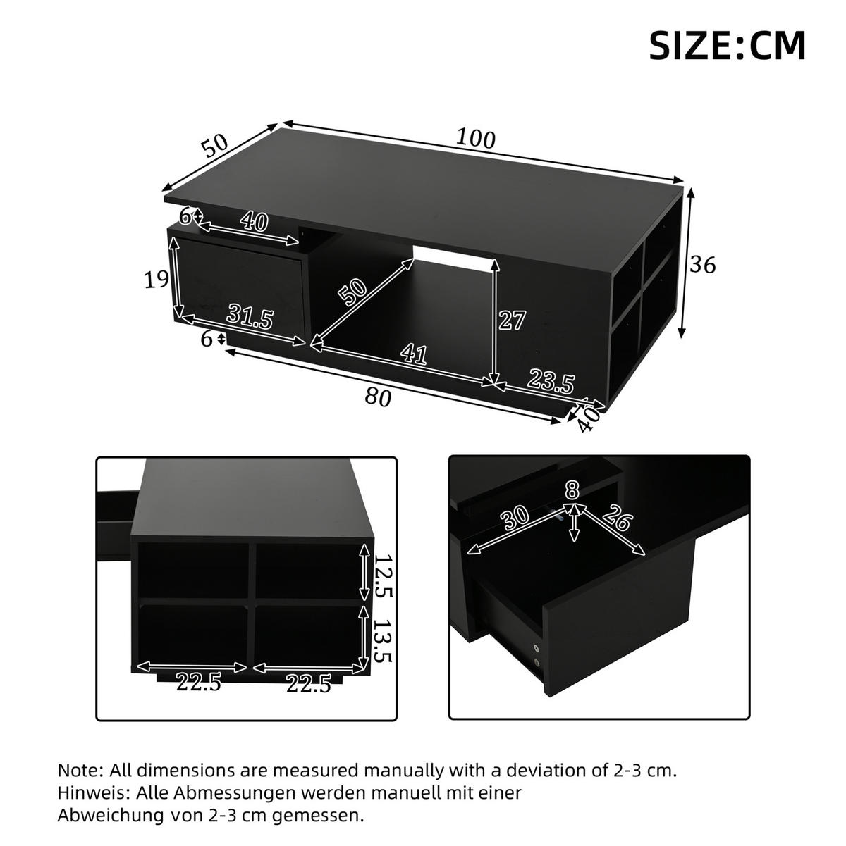 COUCHTISCH aus Spanplatte 100x50x36 cm in Schwarz mit LED-Beleuchtung - Schwarz, Holzwerkstoff (100/50/36cm) - Modfu