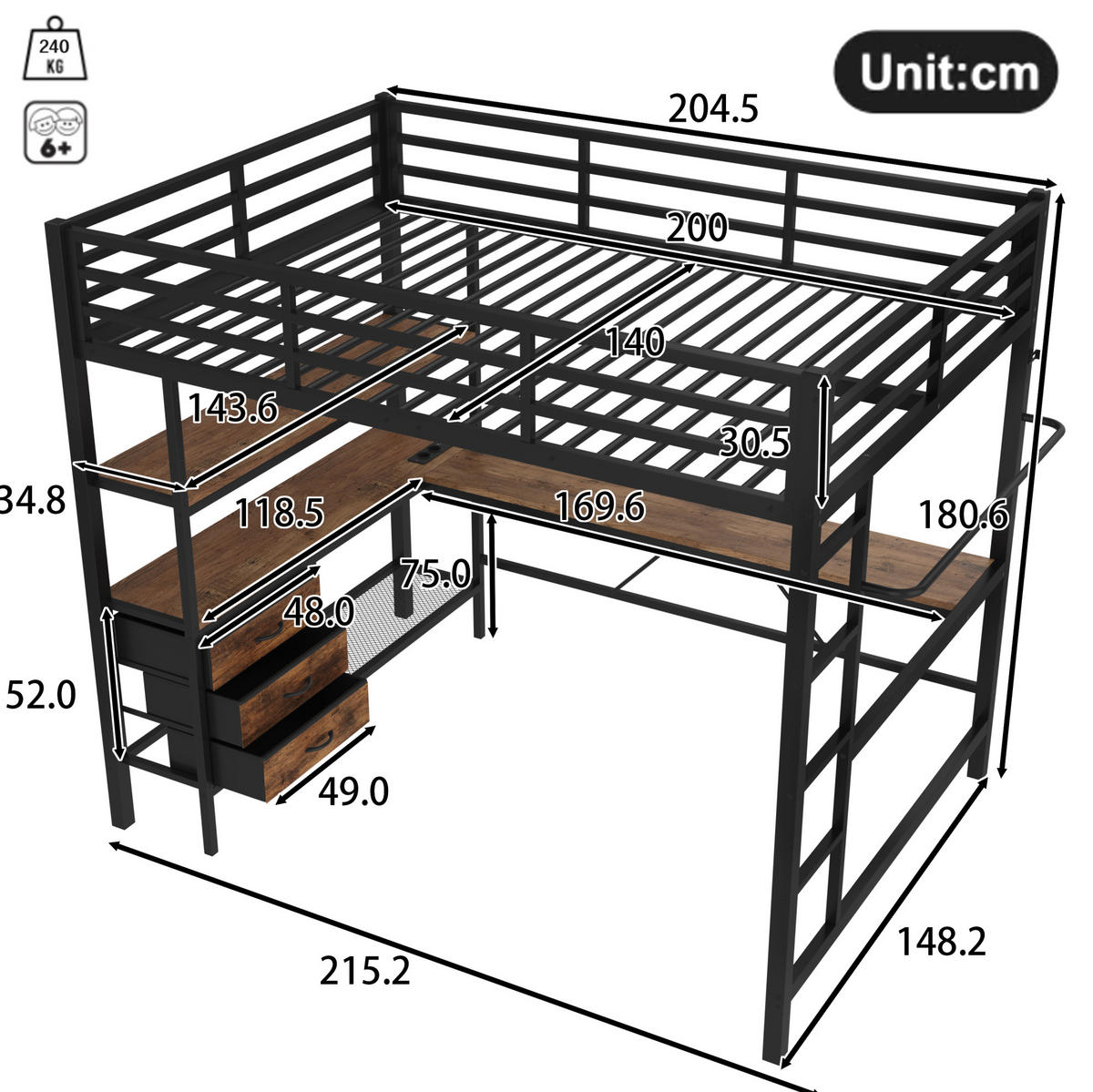 HOCHBETT 140/200 cm mit LED-Beleuchtung, Schreibtisch, Steckdose, USB, 3 Schubladen und Treppe, Schwarz - Schwarz, Metall (140/200cm) - Redom