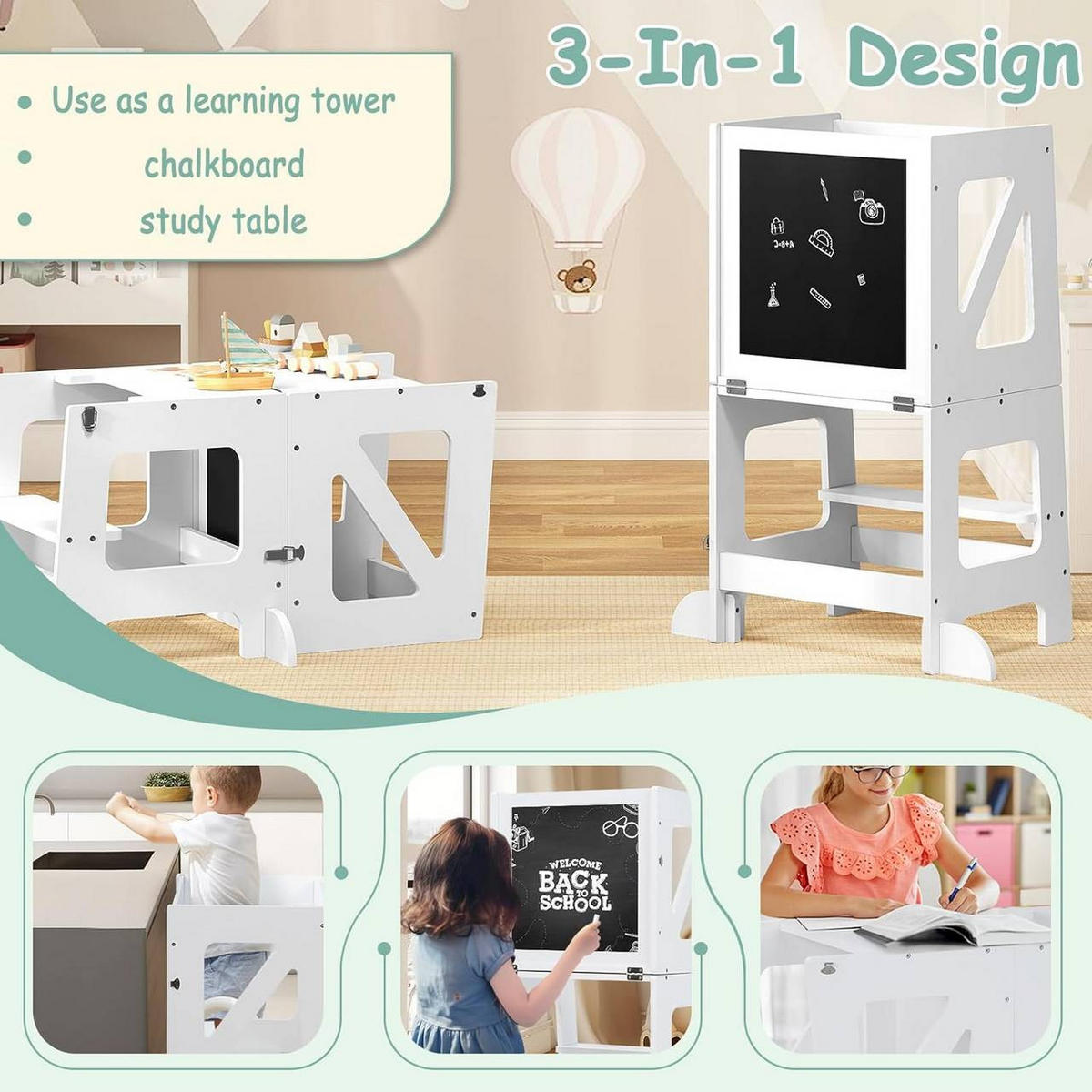 LERNTURM 3 in 1, mit Rausfallschutz, Weiß - Weiß, Holzwerkstoff (45/86.5/35cm) - Woltu