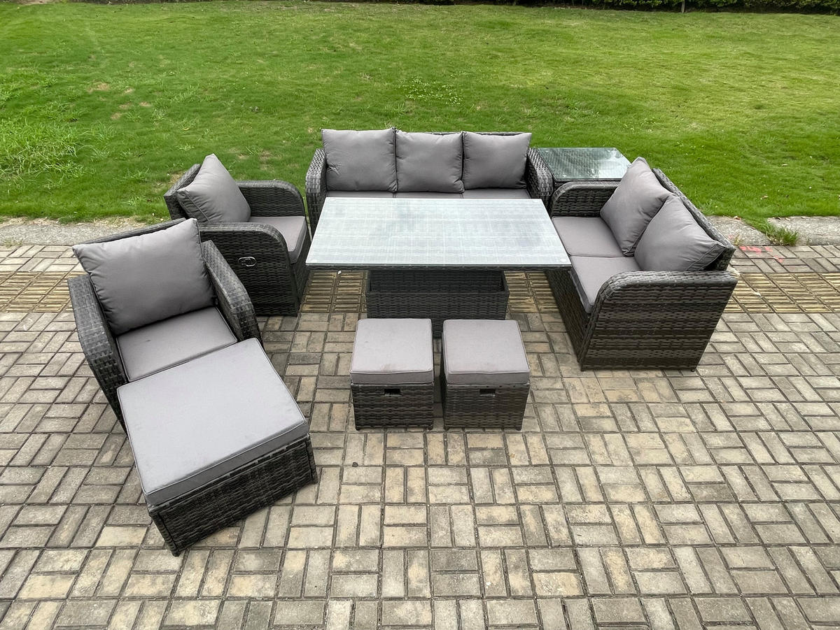 LOUNGESOFA Polyrattan 9-Sitzer - Dunkelgrau/Grau, Glas/Kunststoff - Fimous