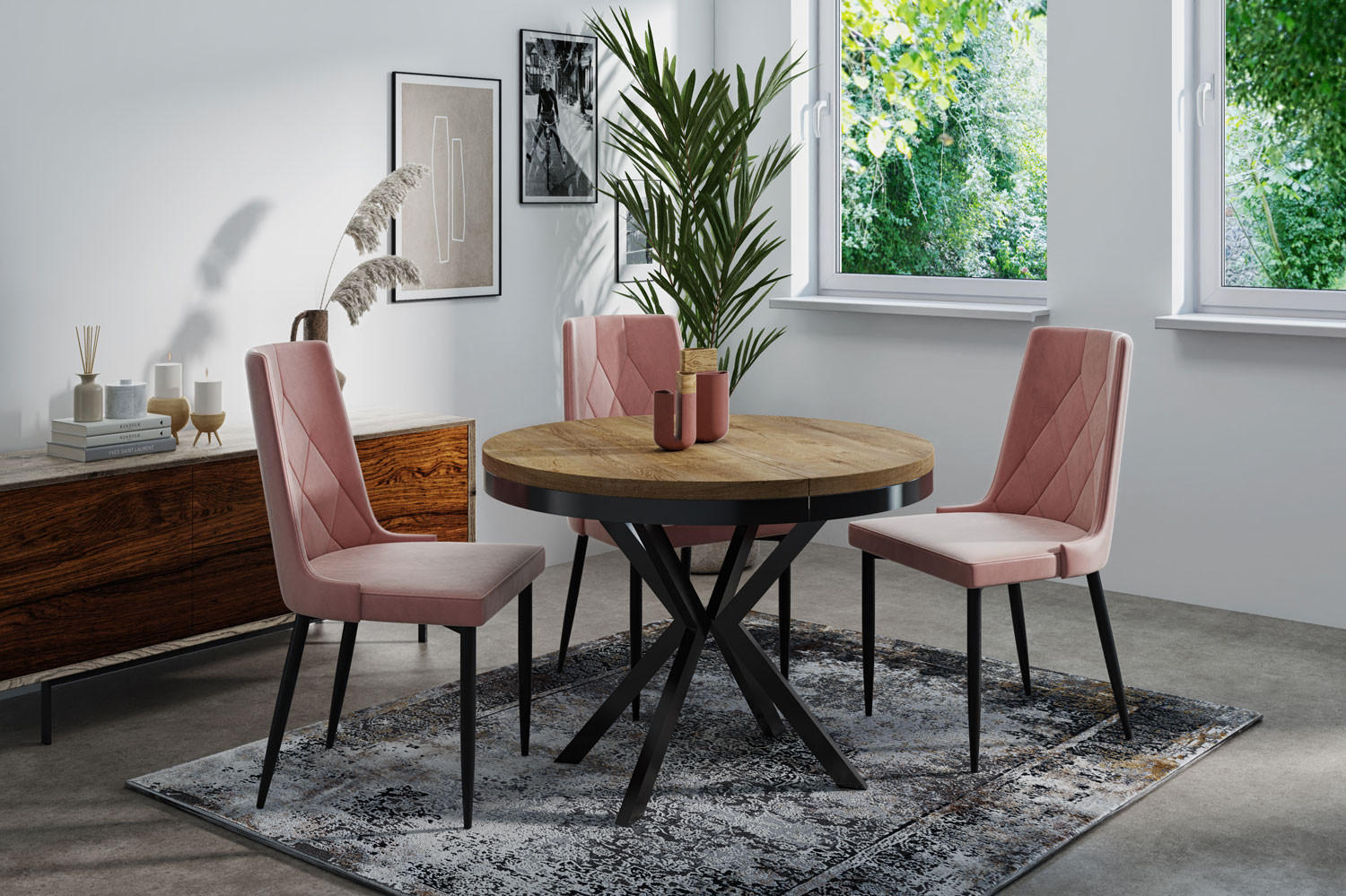 ESSTISCH Ross runder ausziehbarer, Lefkas Eiche 100-180/100/76 cm - Alteiche/Schwarz, Holzwerkstoff/Metall (100/100/76cm) - WFL GROUP