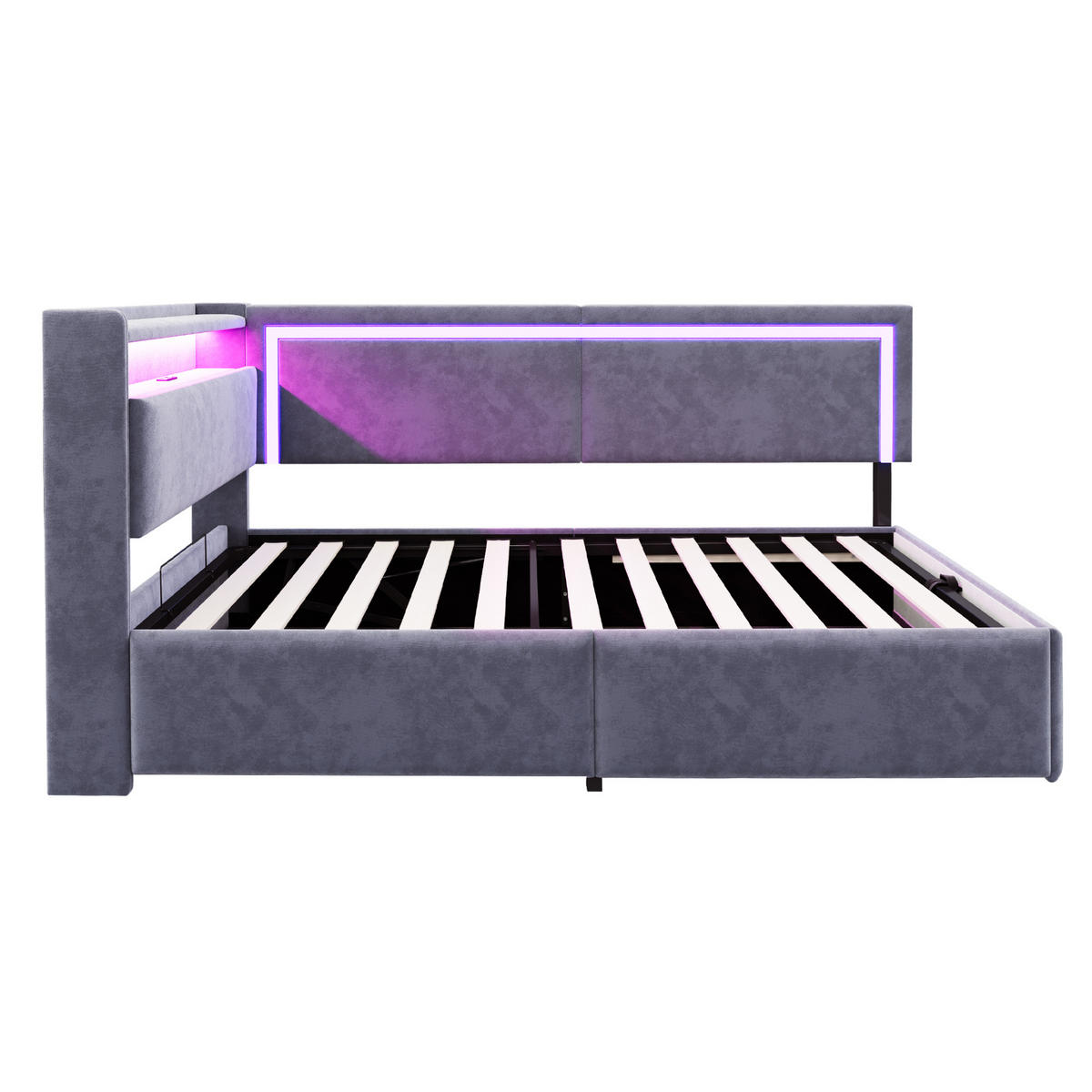 POLSTERBETT 90/200 cm grau aus Samt mit LED und USB Stauraum - Grau, Textil (90/200cm) - OKWISH