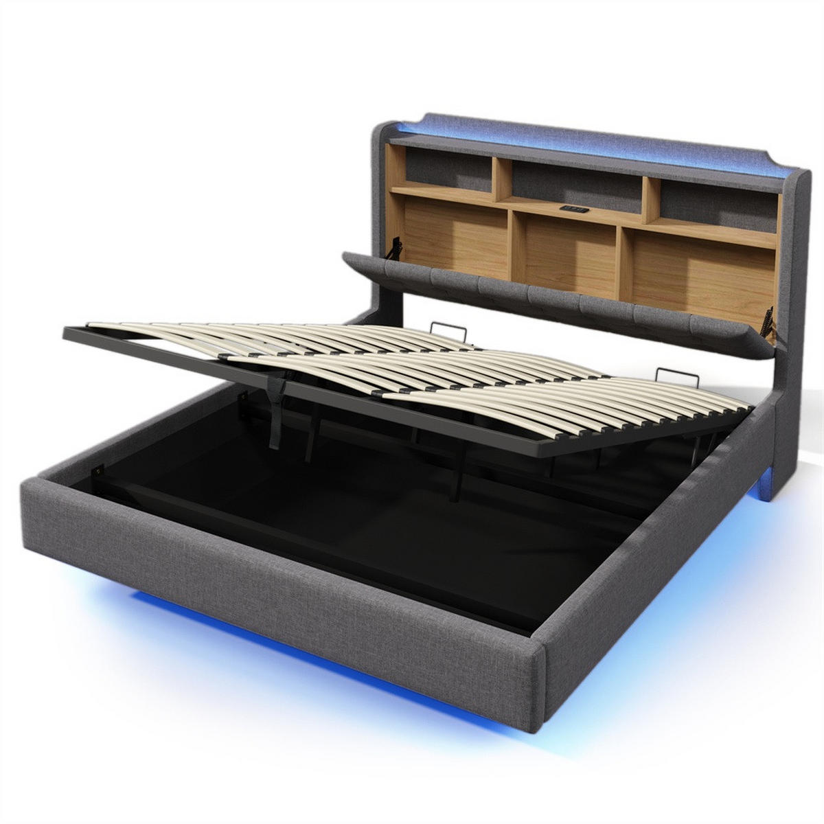 POLSTERBETT 180x200 cm mit LED-Beleuchtung und hydraulischem Stauraum - USB/Typ-C & Klappfach - Grau - Grau, Textil (180/200cm) - DELFA