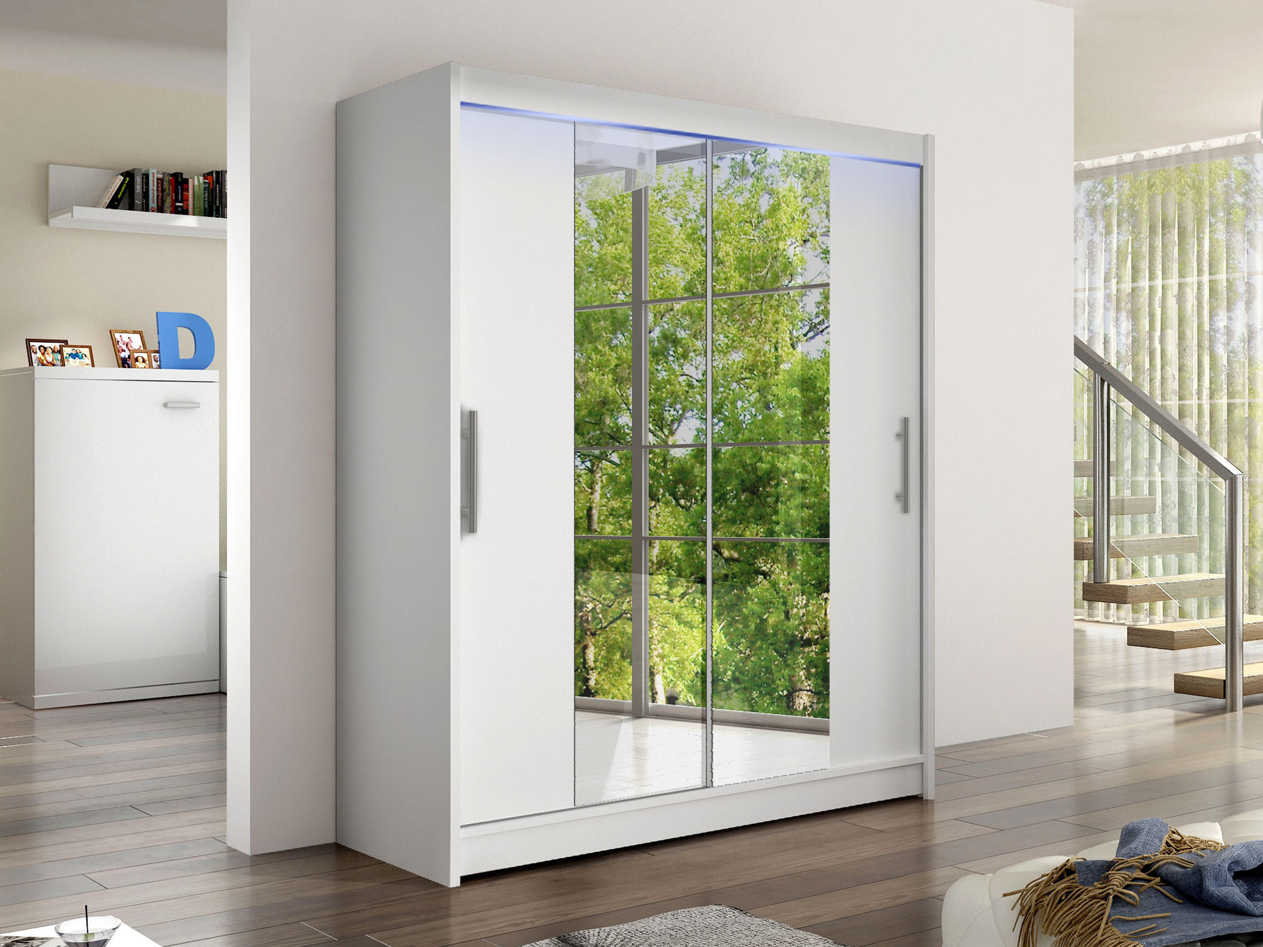 SCHWEBETÜRENSCHRANK Westa II, mit RGB LED Beleuchtung - Silberfarben/Weiß, Holzwerkstoff/Metall (150/200/58cm) - MIRJAN24