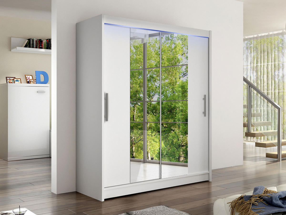 SCHWEBETÜRENSCHRANK Westa II, mit RGB LED Beleuchtung - Silberfarben/Weiß, Holzwerkstoff/Metall (150/200/58cm) - MIRJAN24