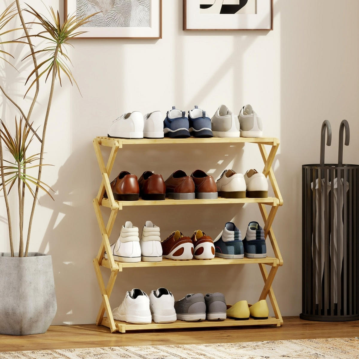 FALTBARES Schuhregal 4 Ebenen 60/29/67 cm aus Bambus in Natur - Naturfarben, Naturmaterialien (60/67/29cm) - BEAOK