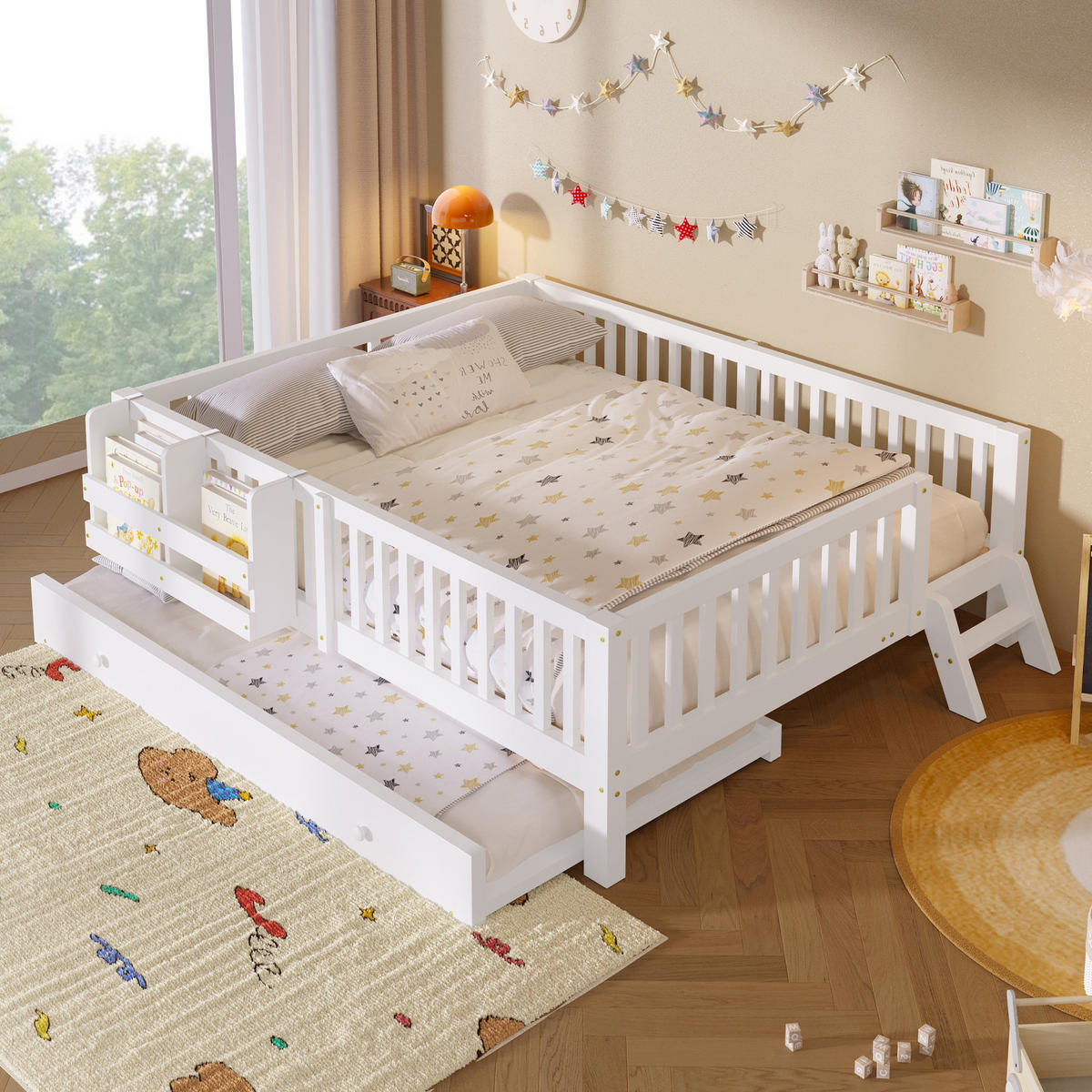 KINDERBETT 140/200 cm in Weiß mit Ausziehbett und Rausfallschutz - Weiß, Holz/Holzwerkstoff (140/200cm) - WISHDOR