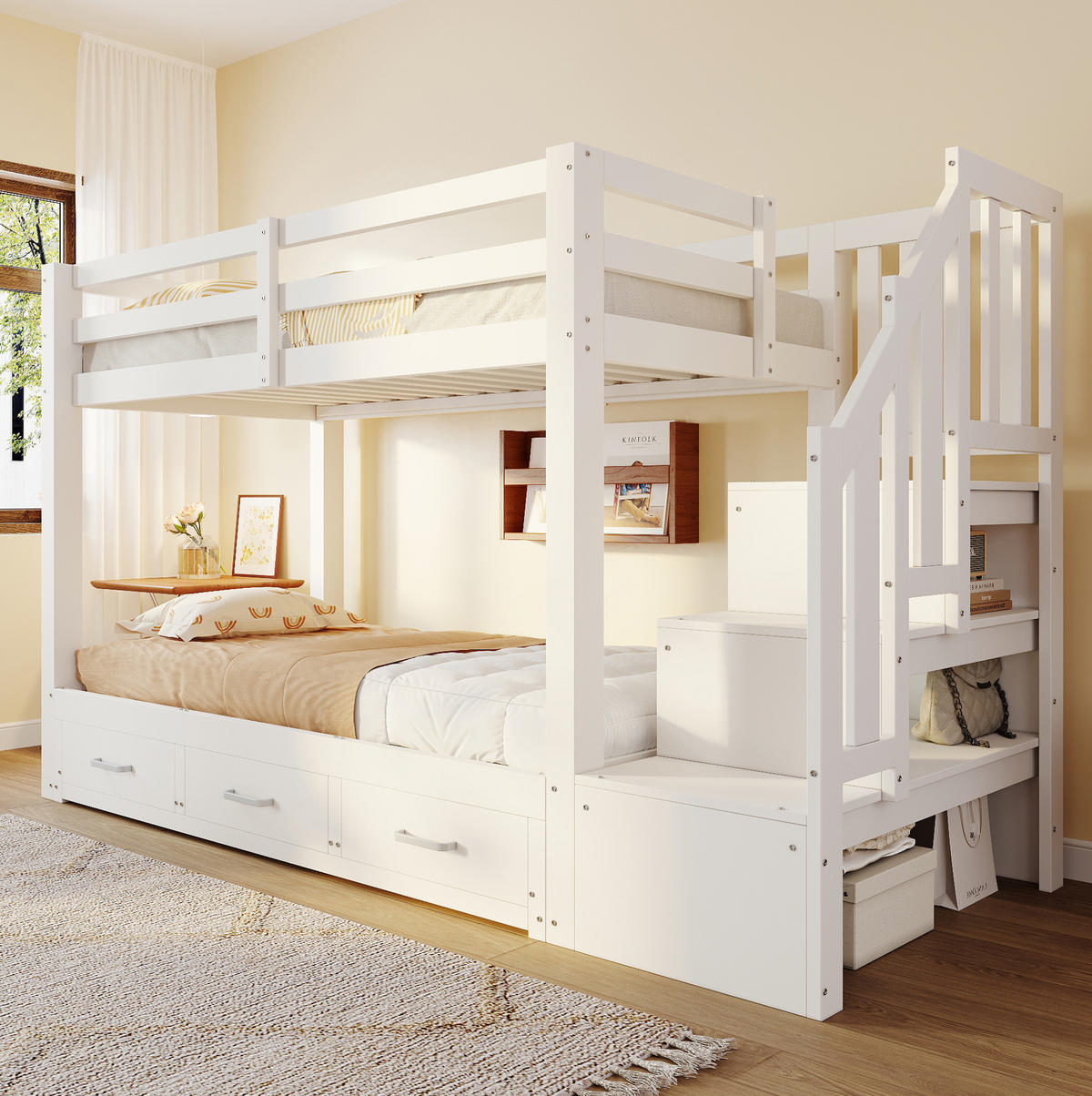 ETAGENBETT mit Ausziehbett und Stauraum 90x200 cm Kiefernholz Weiß - Weiß, Holzwerkstoff (90/200cm) - Beauniv