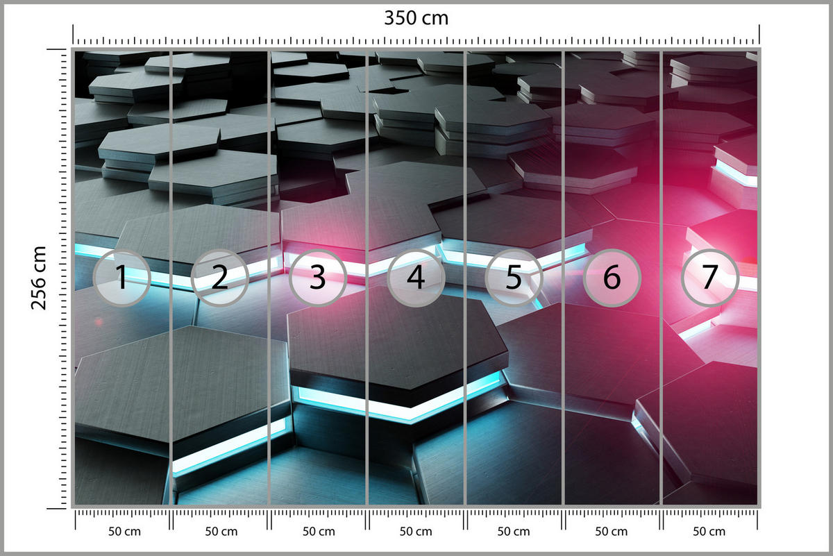 FOTOTAPETE für Büro Schwarz Hexagone Neon Rosa Blau Formen Geometrie 350x256 - Blau/Schwarz, Papier (350/256cm) - Muralo