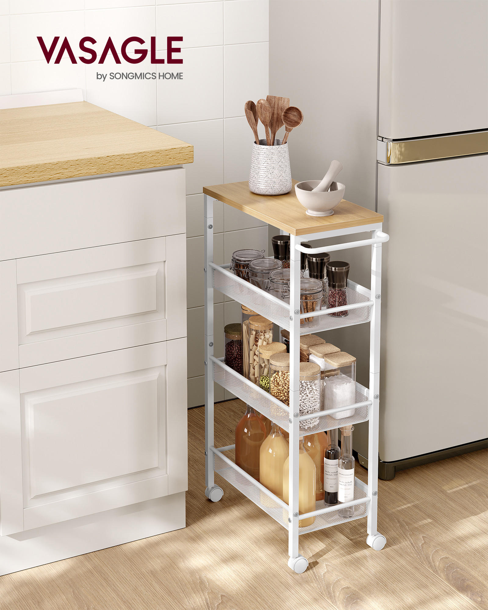 BEISTELLWAGEN Derek - Beige, Holzwerkstoff (22/77/46cm) - VASAGLE