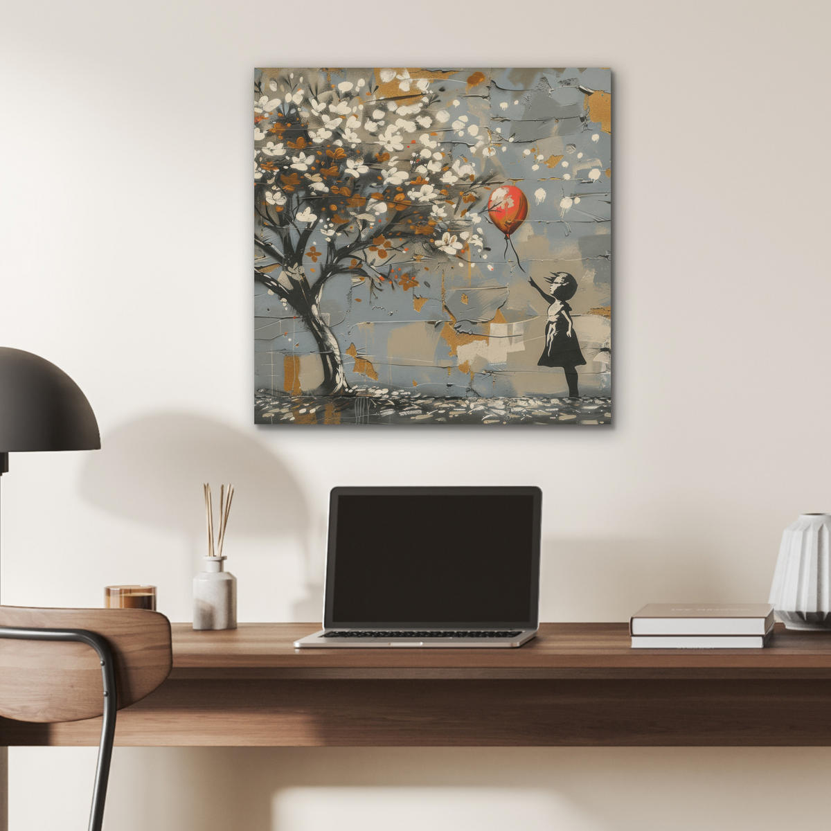 AKUSTIKBILD Baum - Graffiti - Banksy-Stil - Ballon-Mädchen Wandbilder 60x60 cm - Blaugrau, Kunststoff (60/60/0.9cm) - MuchoWow
