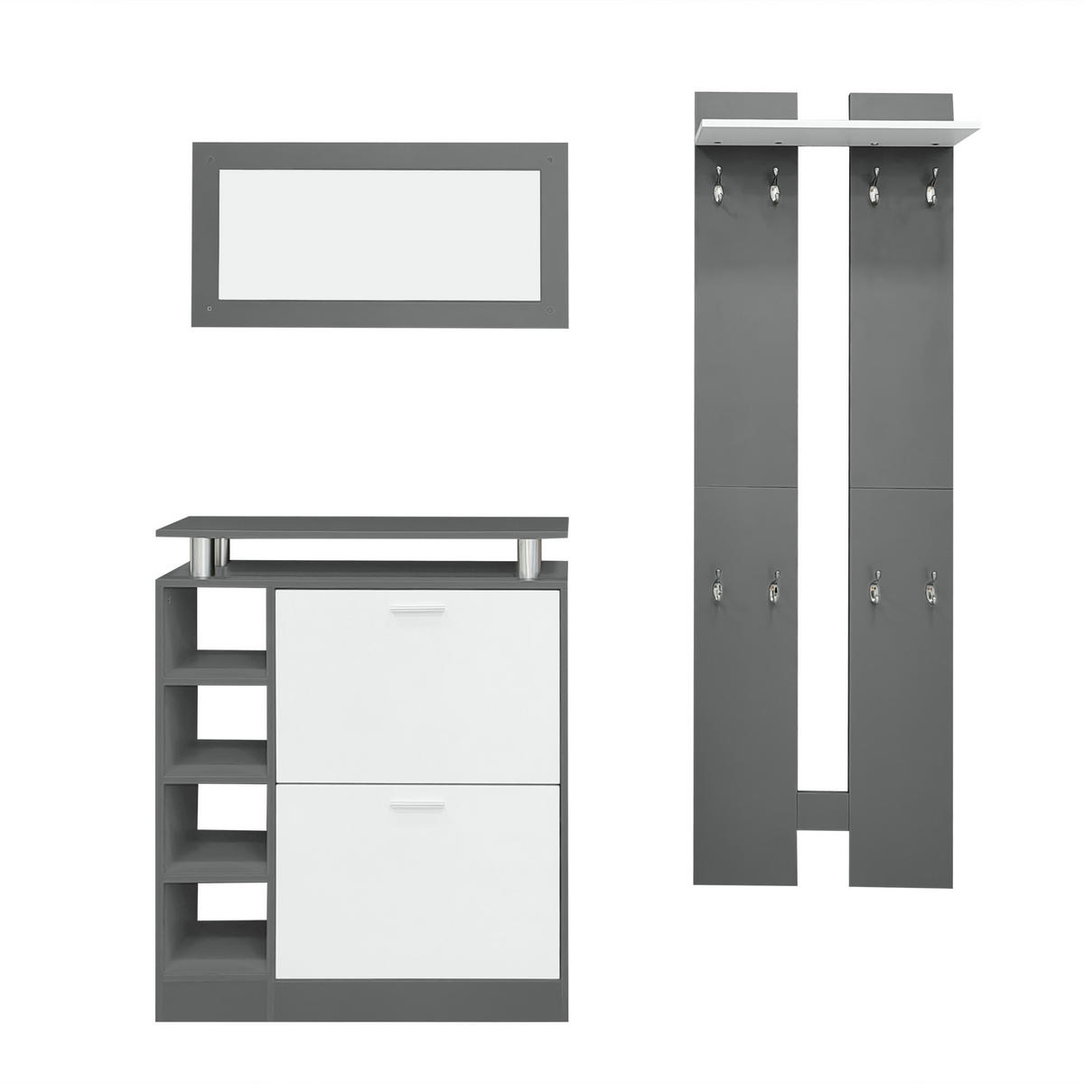 GARDEROBE Flurgarderobenset mit Schuhschrank2 Wandpaneel und Spiegel mit platzsparendem Design Grau - Weiß, Holzwerkstoff (80/96.5/25cm) - EVRYAE