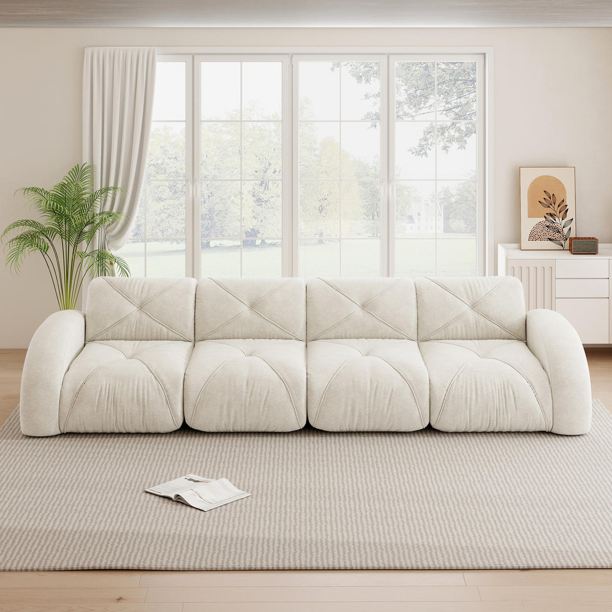 4-SITZER Sofa 358x95x76 cm aus Chenille-Stoff rahmenlos modular, weiß - Weiß, Textil (95/76/358cm) - Luhomfu
