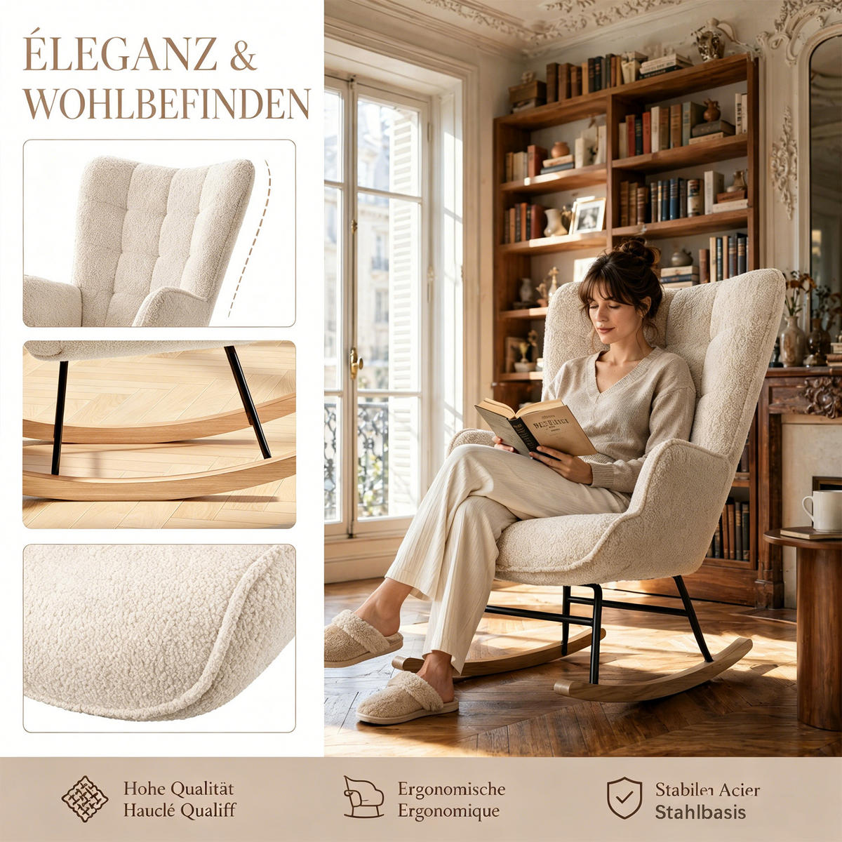 SCHAUKELSTUHL, Teddy-Velours, Skandinavisch, Belastbarkeit 120 kg, Beige - Beige/Kieferfarben, Holz/Textil (68/92/75cm) - GENKI LIVING