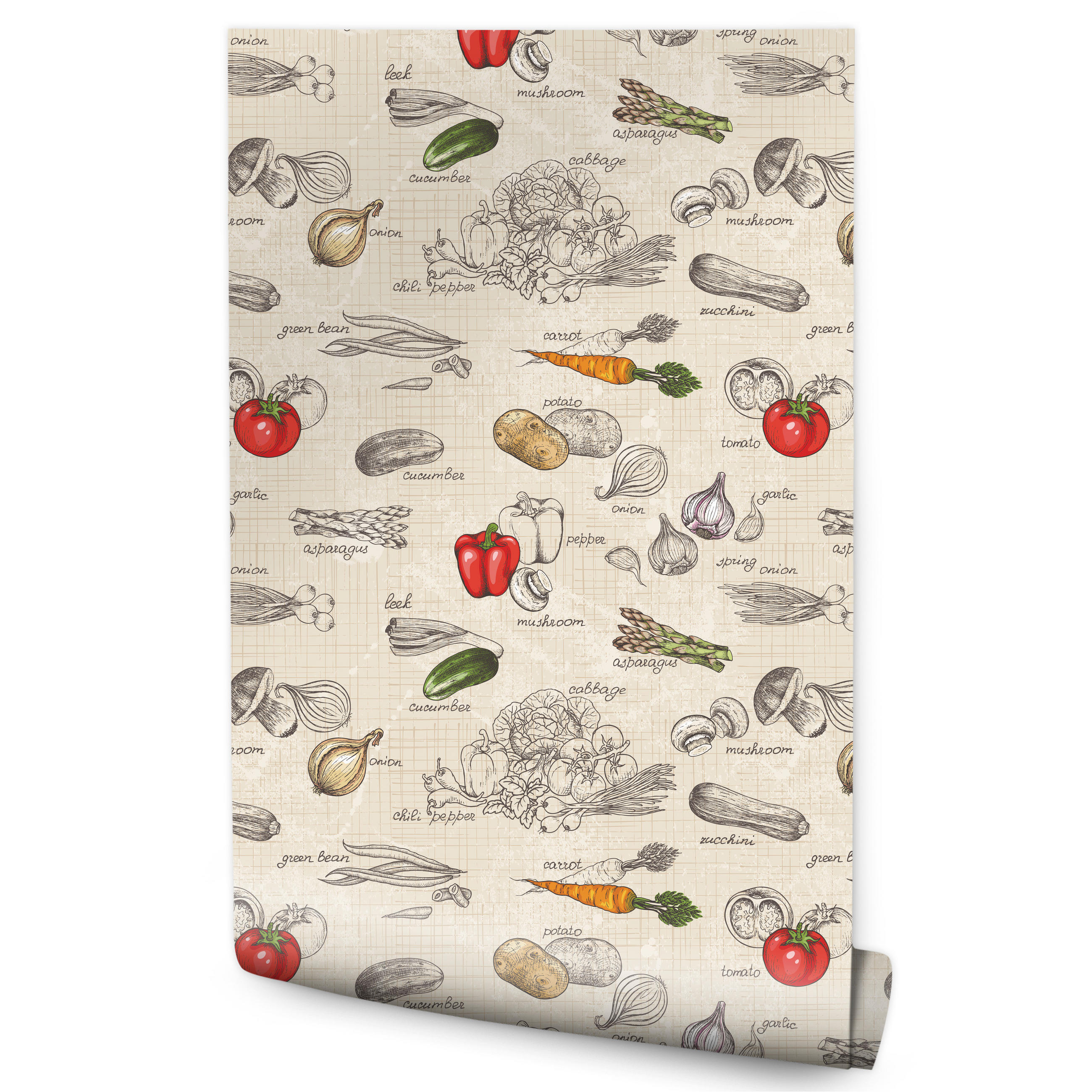 VLIESTAPETE Gemüse und Schriftzüge im Retro-Stil – Bunt, Beige – 50x1000 cm - Beige/Multicolor, Papier (50/1000cm) - Muralo