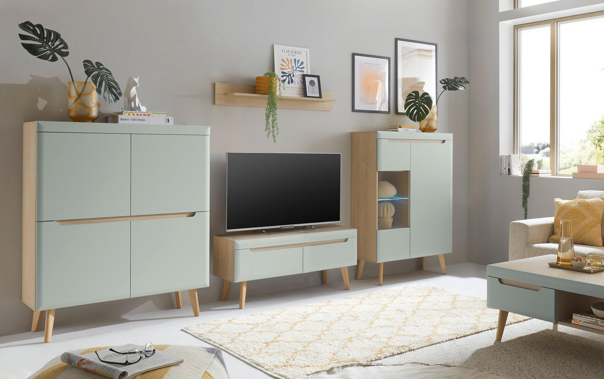 WOHNWAND 4-teilig pistazie grün, Eiche, skandinavisch 344 cm, Wohnkombination mit Soft-Close - Eichefarben/Pastellgrün, Glas/Eichenholz (344/170/40cm) - Furn.Design