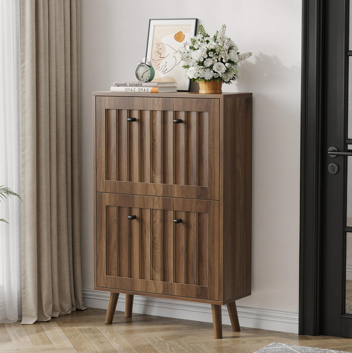 SCHUHSCHRANK 60/24/95 cm Walnuss aus MDF und Spanplatte mit Kippfächern - Walnussfarben, Holzwerkstoff (24/95/60cm) - OKWISH