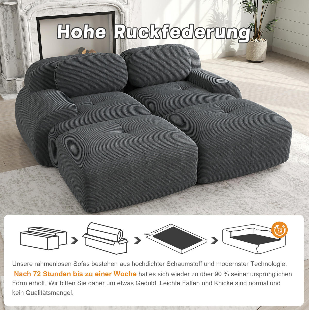 SOFA 208/178/70 cm in Grau aus Cord mit rutschfester Unterseite - Grau, Textil (178/70/208cm) - Flora Grace