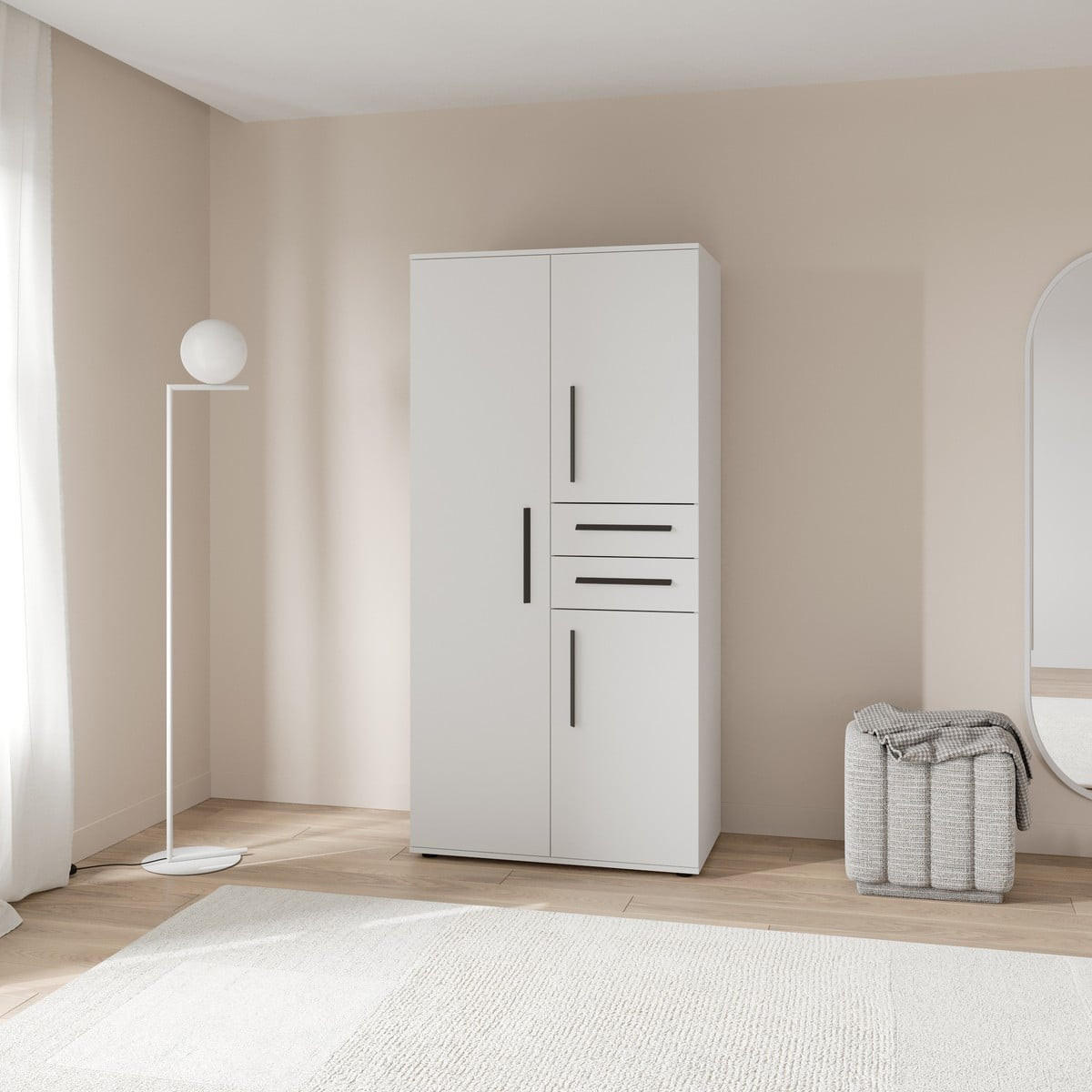 KLEIDERSCHRANK mit 3 Türen und 2 Schubladen in mattweiß 90,4/50/188 cm - Weiß, Holzwerkstoff (50/188/105.9cm) - Calicosy