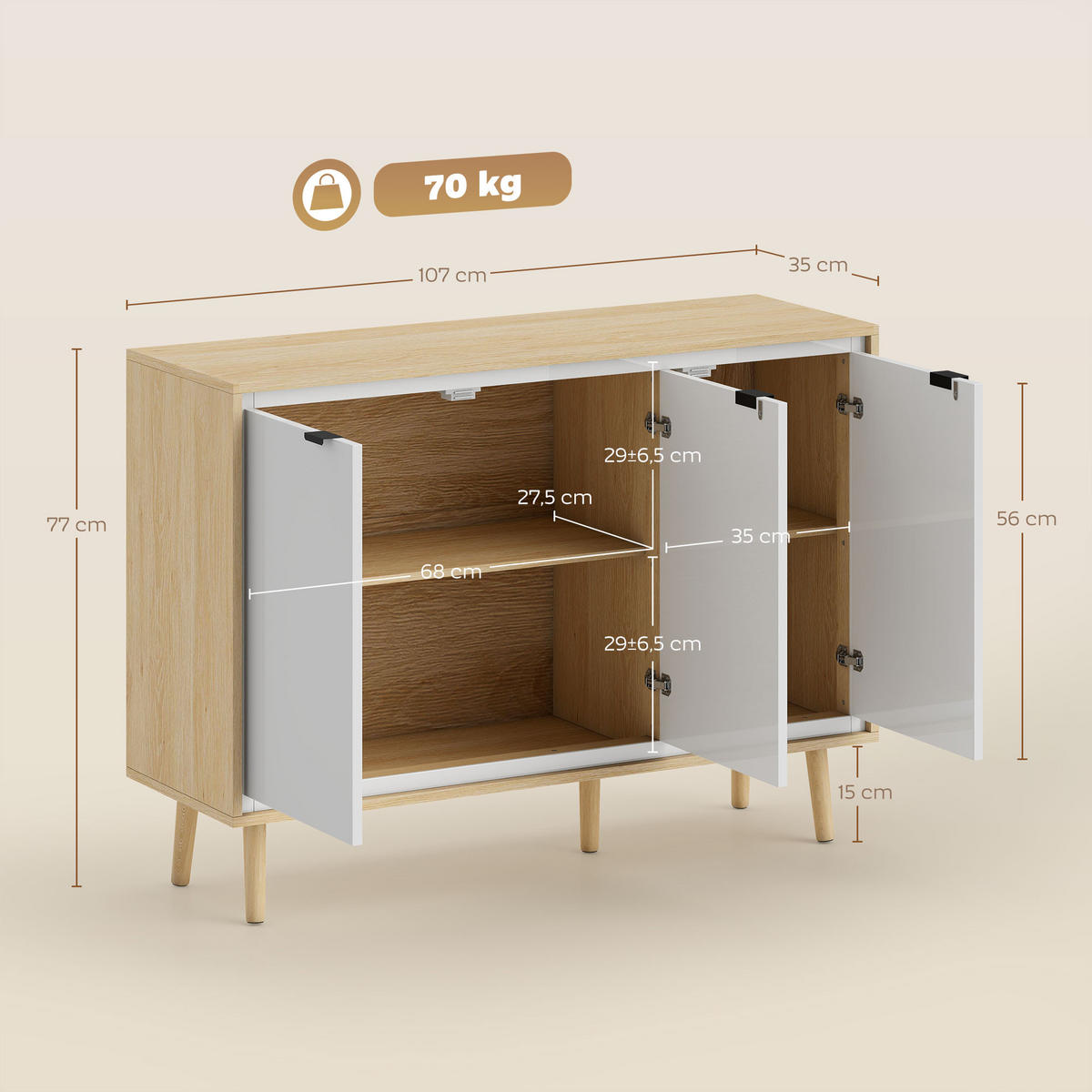 SIDEBOARD DE-11236 3 Türen & verstellbare Böden Weiß/Eiche - Weiß, Holzwerkstoff (107/77/35cm) - ComfortXL