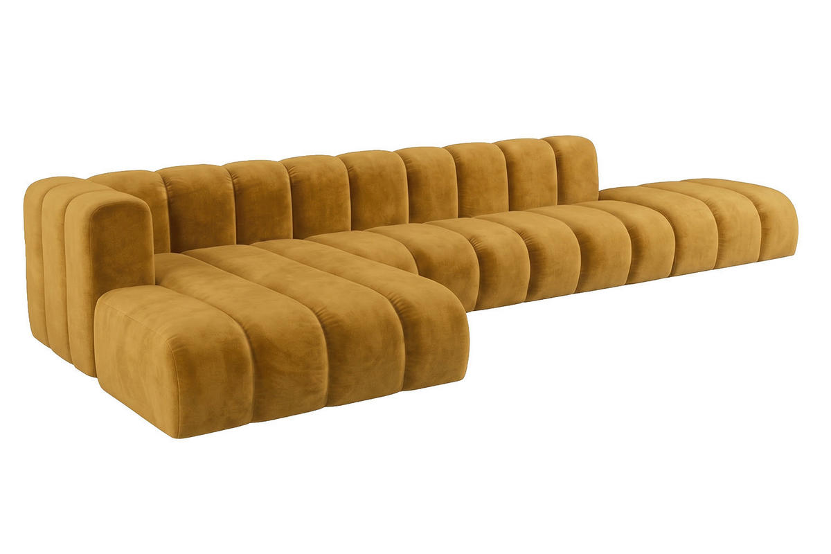 ECKSOFA Modulares In L-Form Mit Hocker, Velvet-Stoff Riviera, Senffarbe, Links, GRAND - Gelb, Holz (386/179cm) - Kaiser Möbel