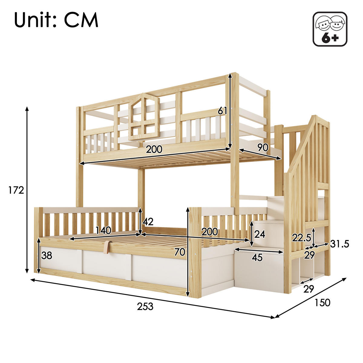 ETAGENBETT 90/200 cm & 140/200 cm in Weiß & Eichefarben mit Bettkasten, Treppe mit Ablagefächern und Fenstern - Weiß/Naturfarben, Holzwerkstoff (140/200cm) - STILVORA