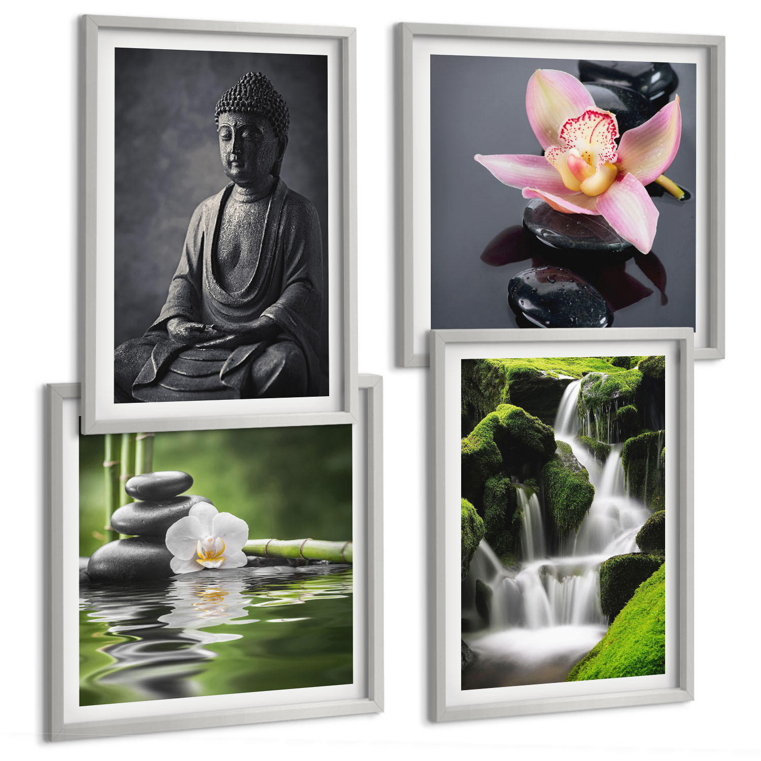 BILDER SET 4er Set - 50x50 cm & 40x60 cm Silberner Rahmen - Zen-Gemälde, Wassersteine, Buddha - Silberfarben, Kunststoff (50/50cm) - TULUP