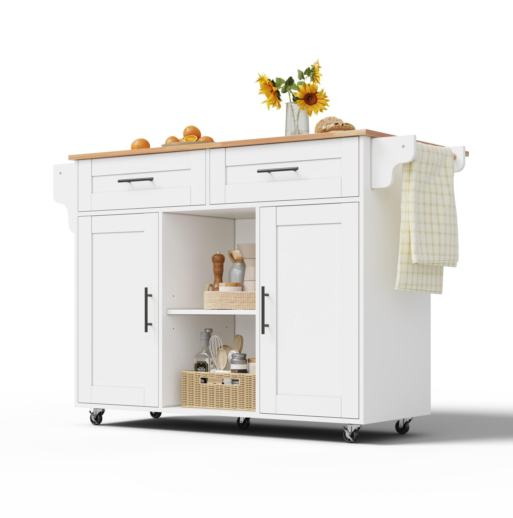 KÜCHENINSEL 145/70/94,5 cm mit klappbarer Arbeitsplatte, verstellbaren Regalen und 5 Rollen, MDF, Weiß - Weiß, Holzwerkstoff (145/94.5/70cm) - Redom