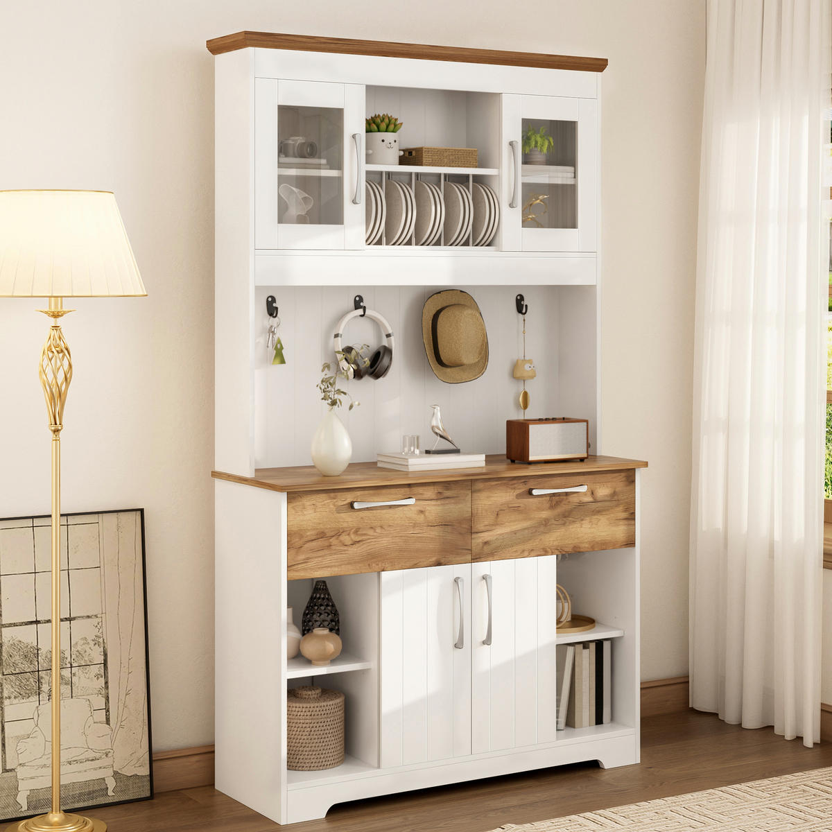 BUFFET DE-37546 106/39/176,5 cm mit Vitrinenfächern und Hakenleiste Weiß - Weiß, Holzwerkstoff (106/176.5/39cm) - ComfortXL