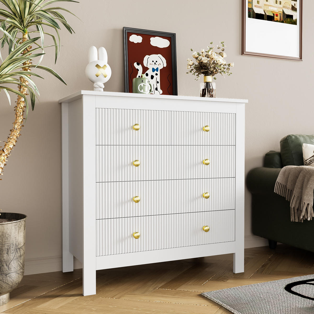 KOMMODE in Weiß mit Spezialtüren und 5 Schubladen für Wohnzimmer, B79/T39.5/H80.5 cm - Weiß, Holzwerkstoff (79/80.05/39.5cm) - STILVORA