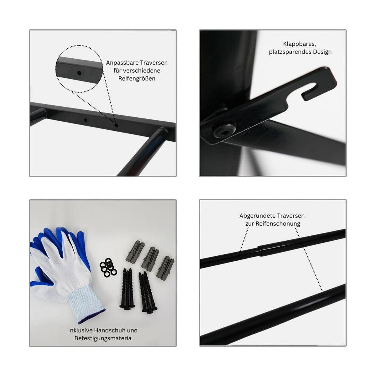 REIFENREGAL Carrero für Wandmontage 62x88-122x57 cm bis zu 5 Reifen klappbar Schwarz - Schwarz, Metall (122/62/57cm) - PROREGAL